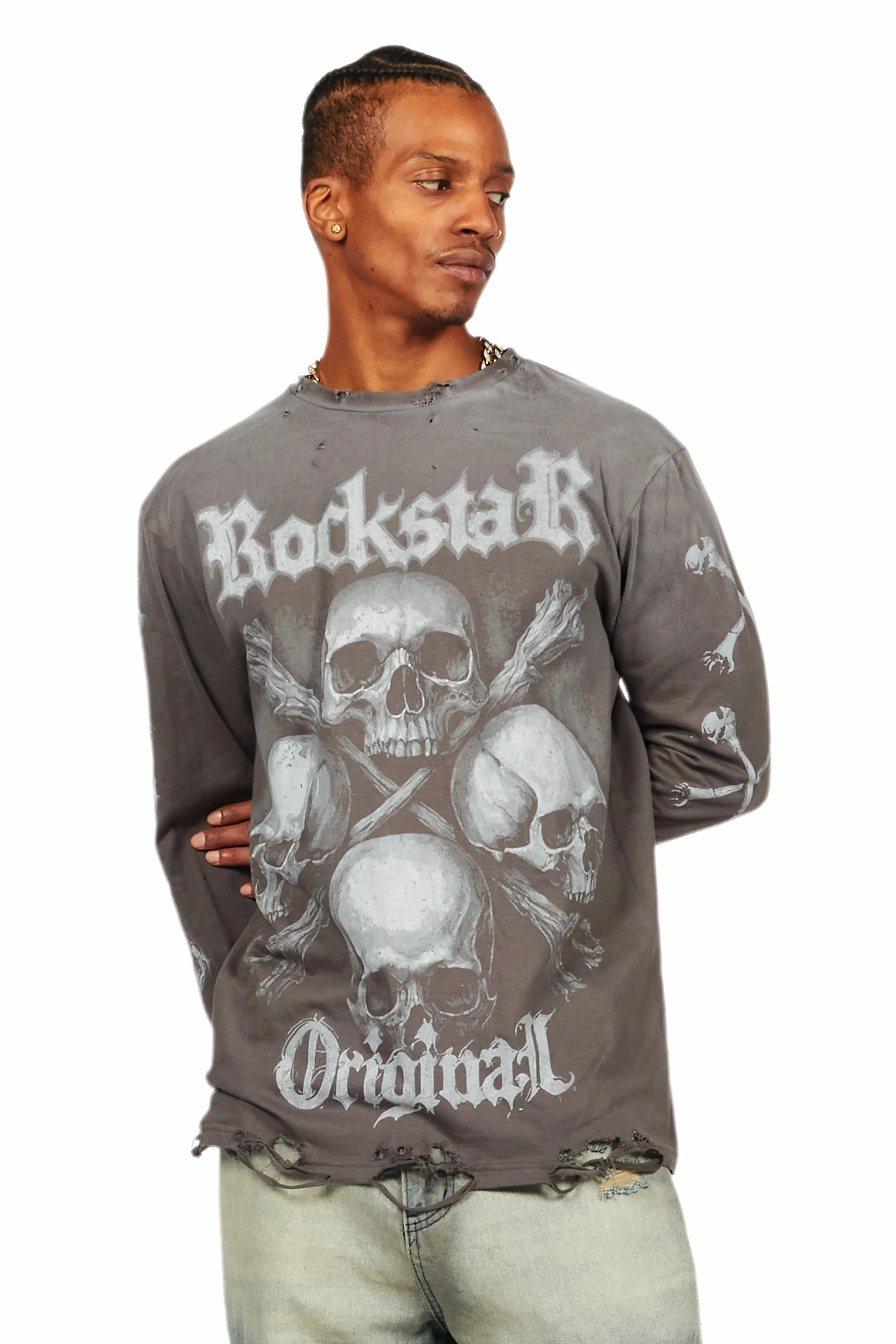 Skulls Charcoal Long Sleeve Graphic T-Shirt sold by Rockstar Original product image thumbnail 4