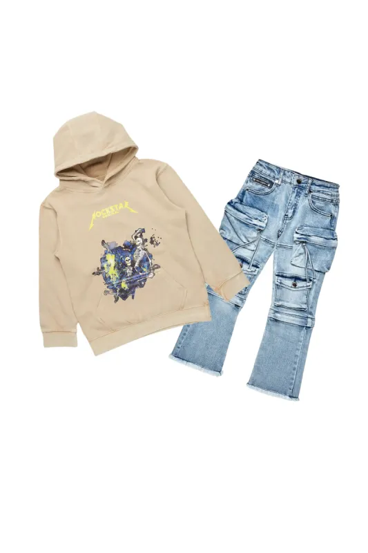 Boys Daker Vintage Beige Hoodie/Stacked Flare Jean Set sold by Rockstar Original