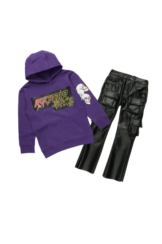 Boys Magni Purple Hoodie/Stacked Flare PU Jean Set sold by Rockstar Original