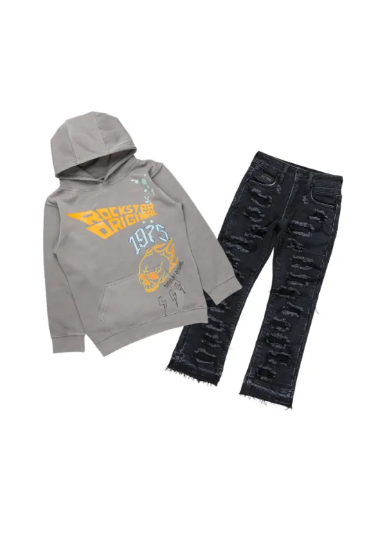 Boys Daley Vintage Grey Hoodie/Stacked Flare Jean Set sold by Rockstar Original