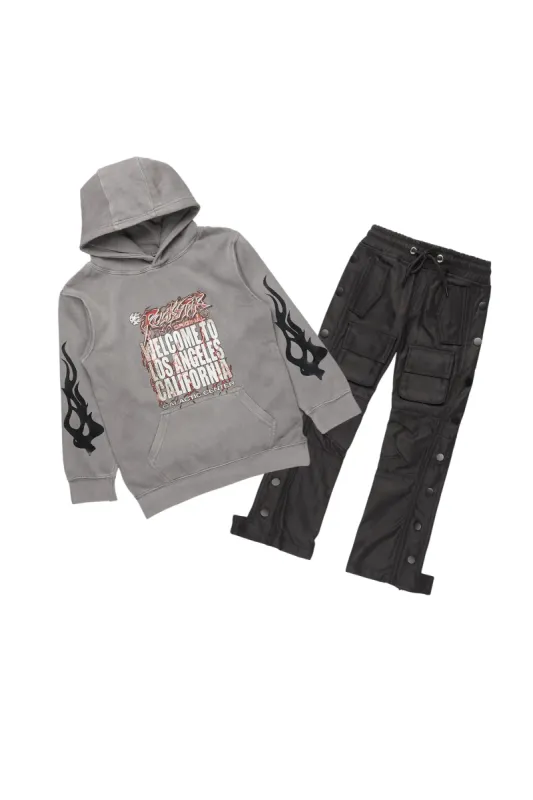 Boys Damyan Vintage Grey Hoodie/Stacked Flare Nylon Pant Set sold by Rockstar Original