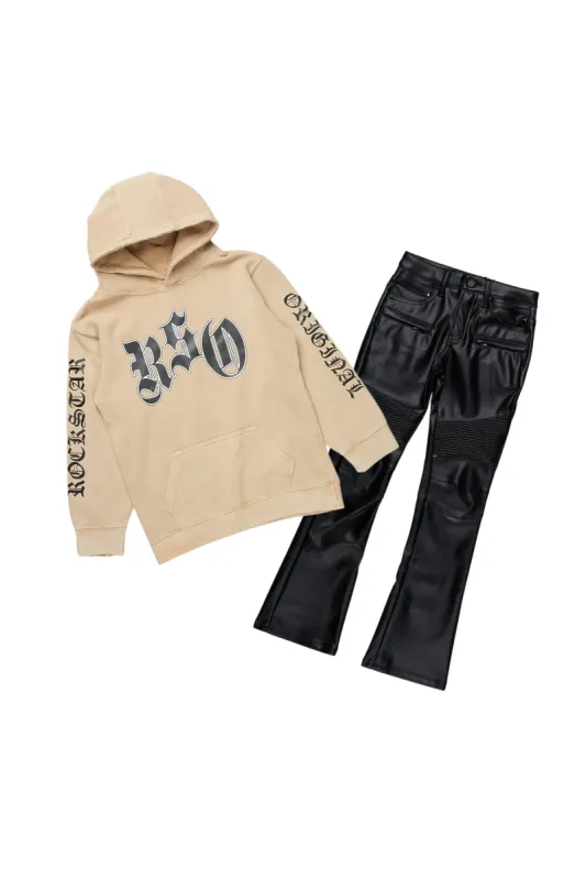 Boys Caston Vintage Beige Hoodie/Stacked PU Jean Set sold by Rockstar Original