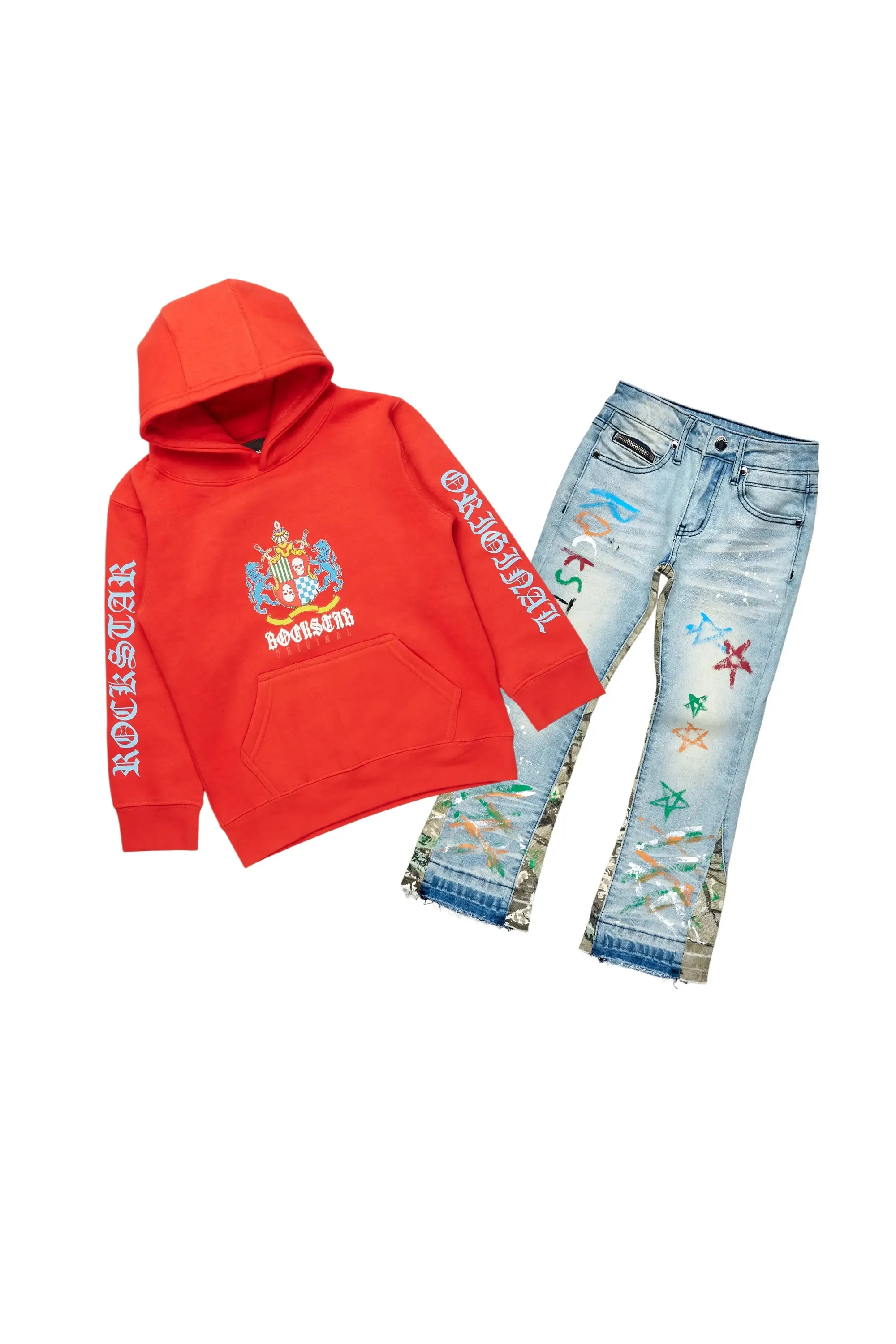 Boys Barren Red Hoodie/Stacked Flare Jean Set sold by Rockstar Original