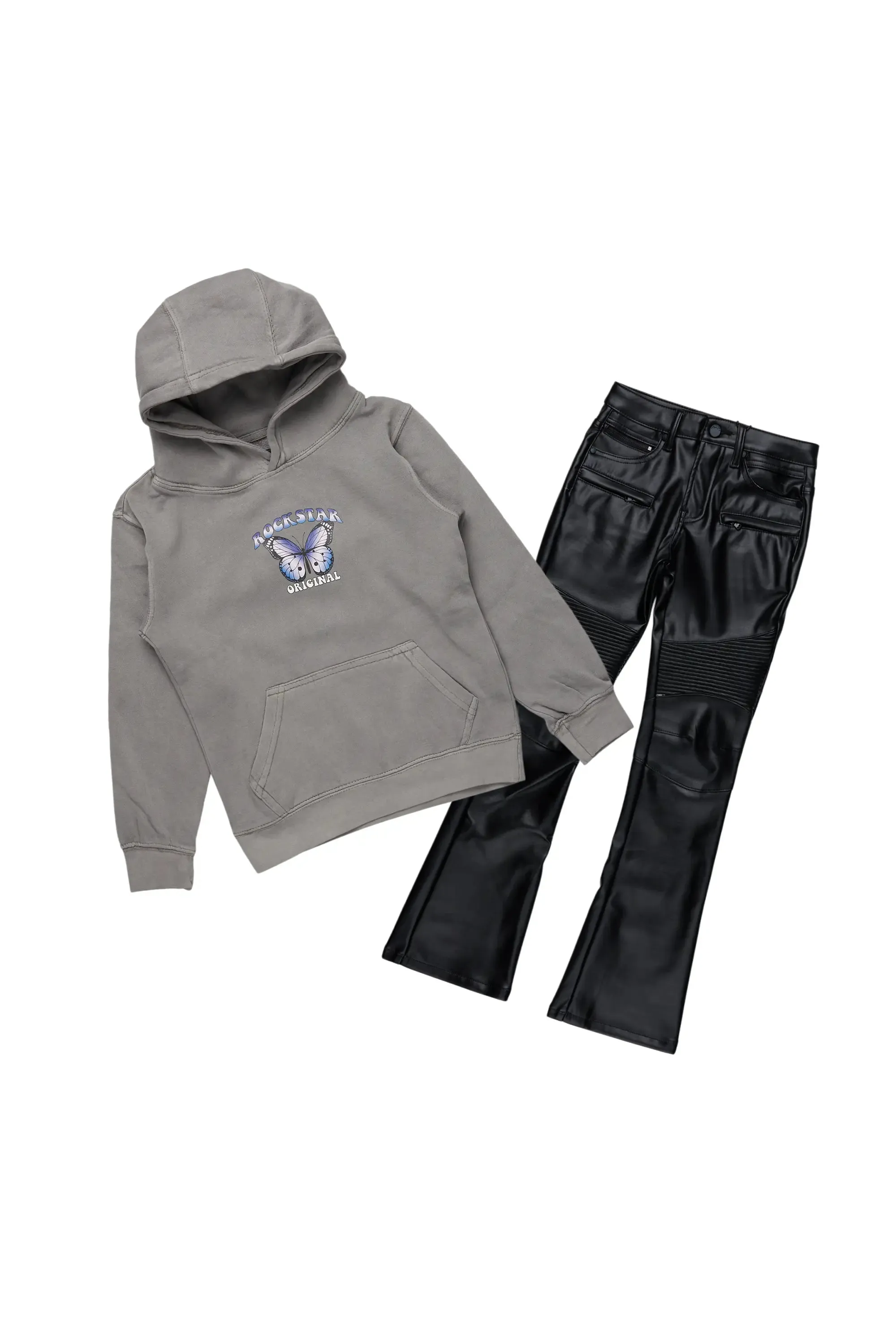 Girls Belah Heather Grey Hoodie/Stacked Flare PU Jean Set sold by Rockstar Original