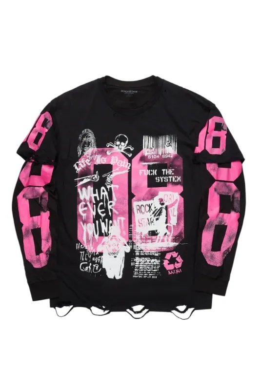 Grill Black/Pink Double Layer Long Sleeve Graphic T-Shirt sold by Rockstar Original