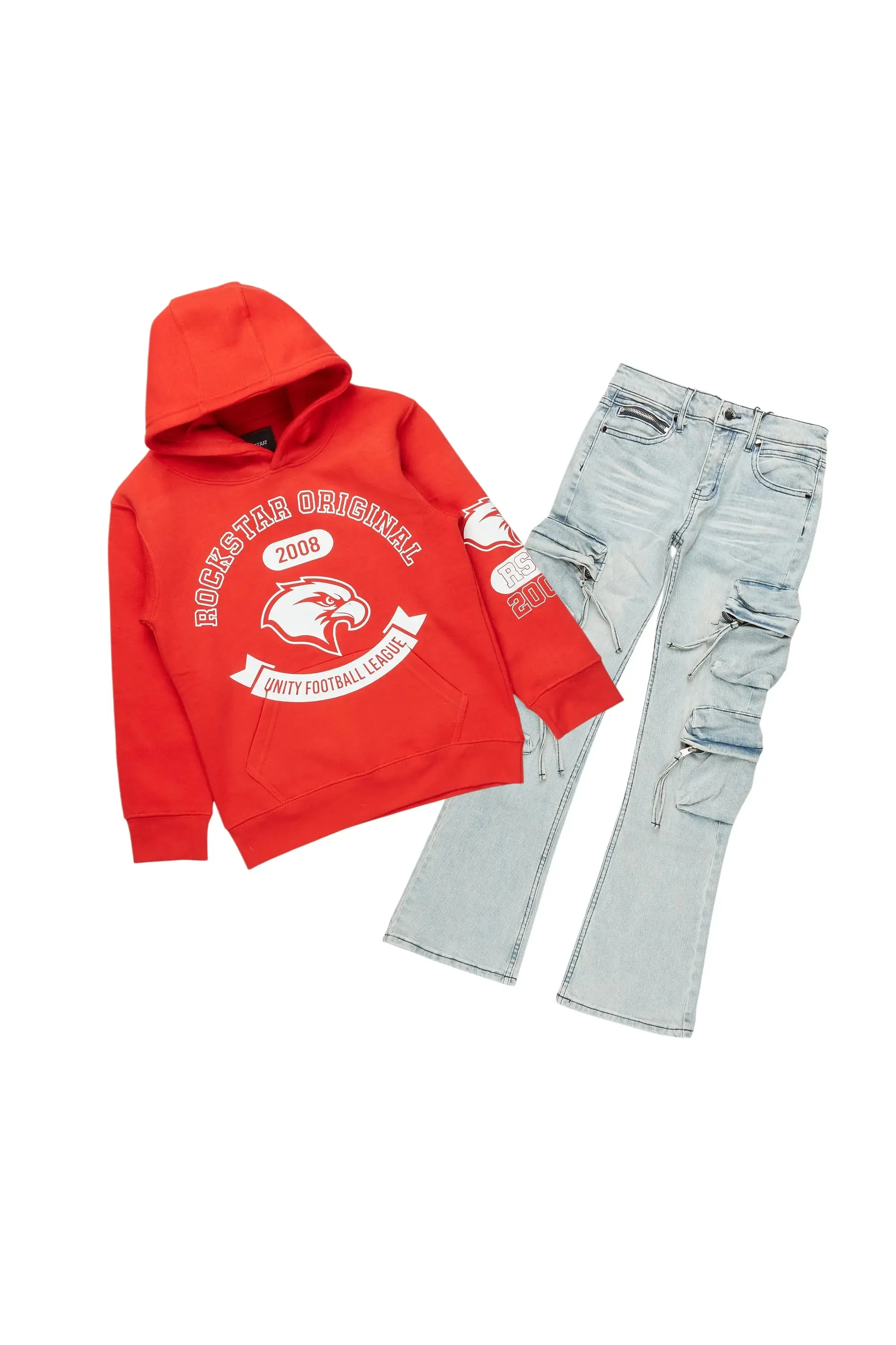 Boys Callias Red Hoodie/Slim Fit Jean Set sold by Rockstar Original