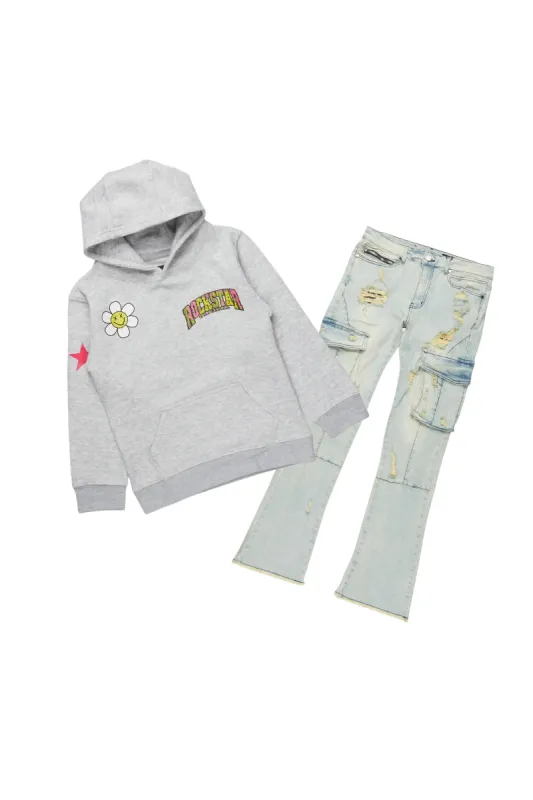 Girls Basira Heather Grey Hoodie/Stacked Flare Jean Set sold by Rockstar Original