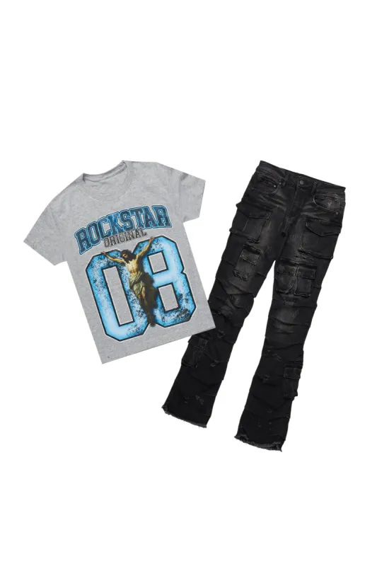 Boys Fields Grey/Blue T-Shirt/Stacked Flare Jean Set sold by Rockstar Original