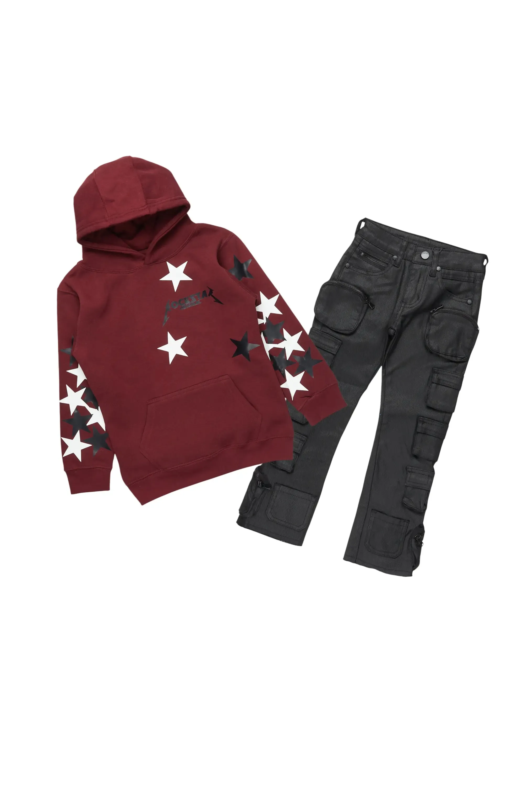 Boys Gardy Maroon Hoodie/Stacked Flare Jean Set sold by Rockstar Original