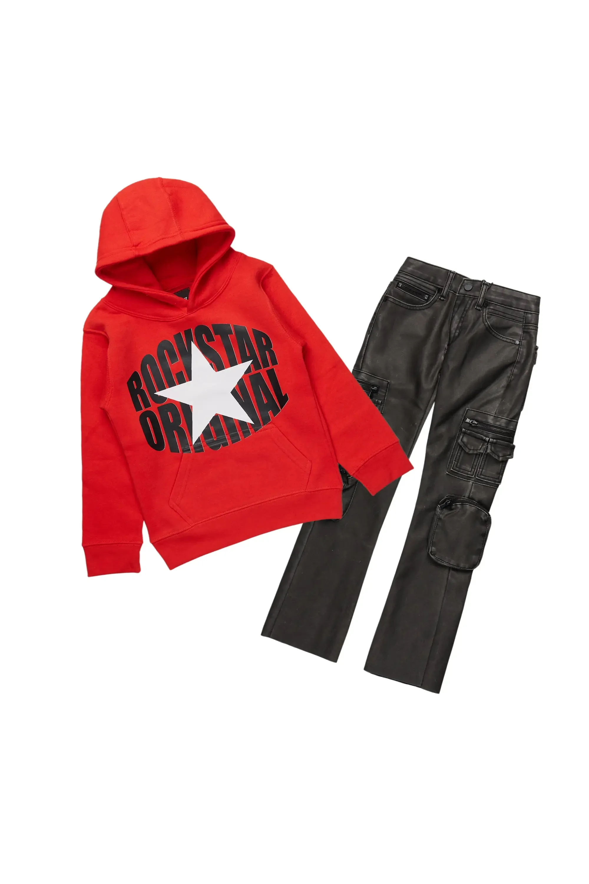 Boys Camber Red Hoodie/Stacked Flare PU Jean Set sold by Rockstar Original
