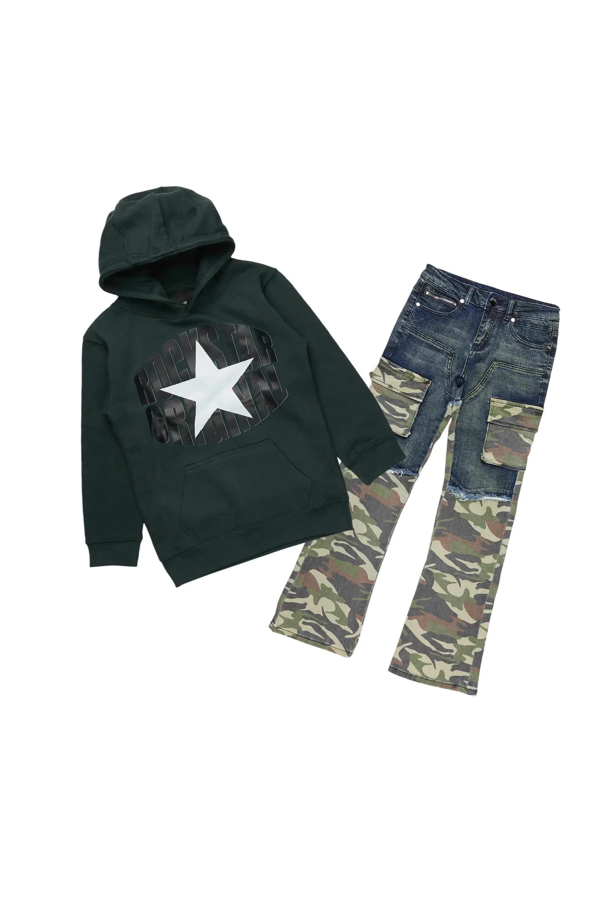 Boys Cannan Green Hoodie/Stacked Flare Jean Set sold by Rockstar Original