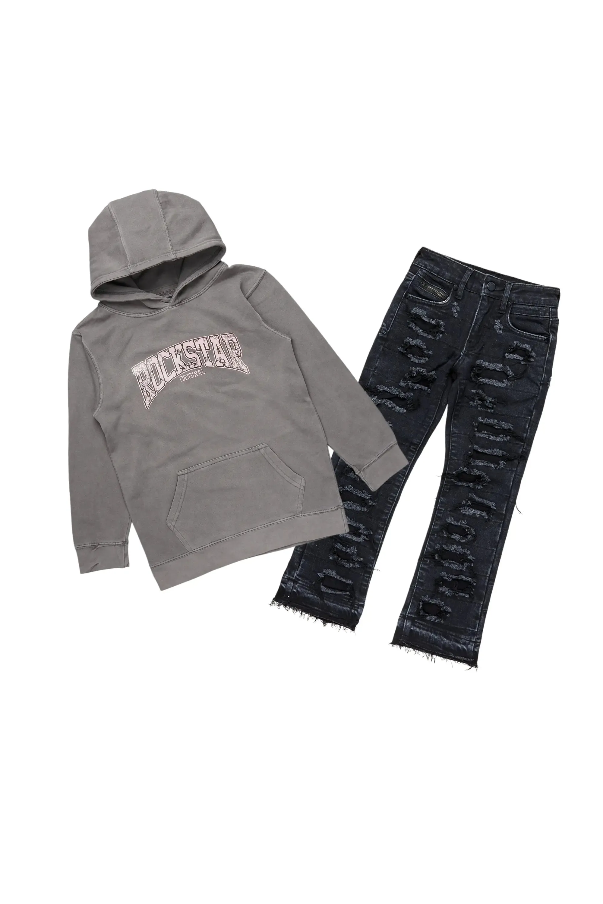Girls Madesh Vintage Grey Hoodie/Stacked Flare Jean Set sold by Rockstar Original