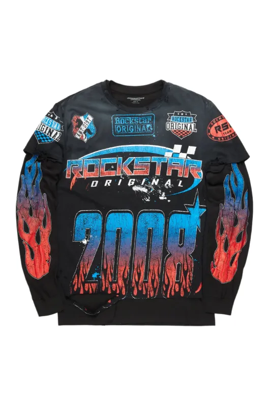 Amos Black Double Layer Long Sleeve Graphic T-Shirt sold by Rockstar Original