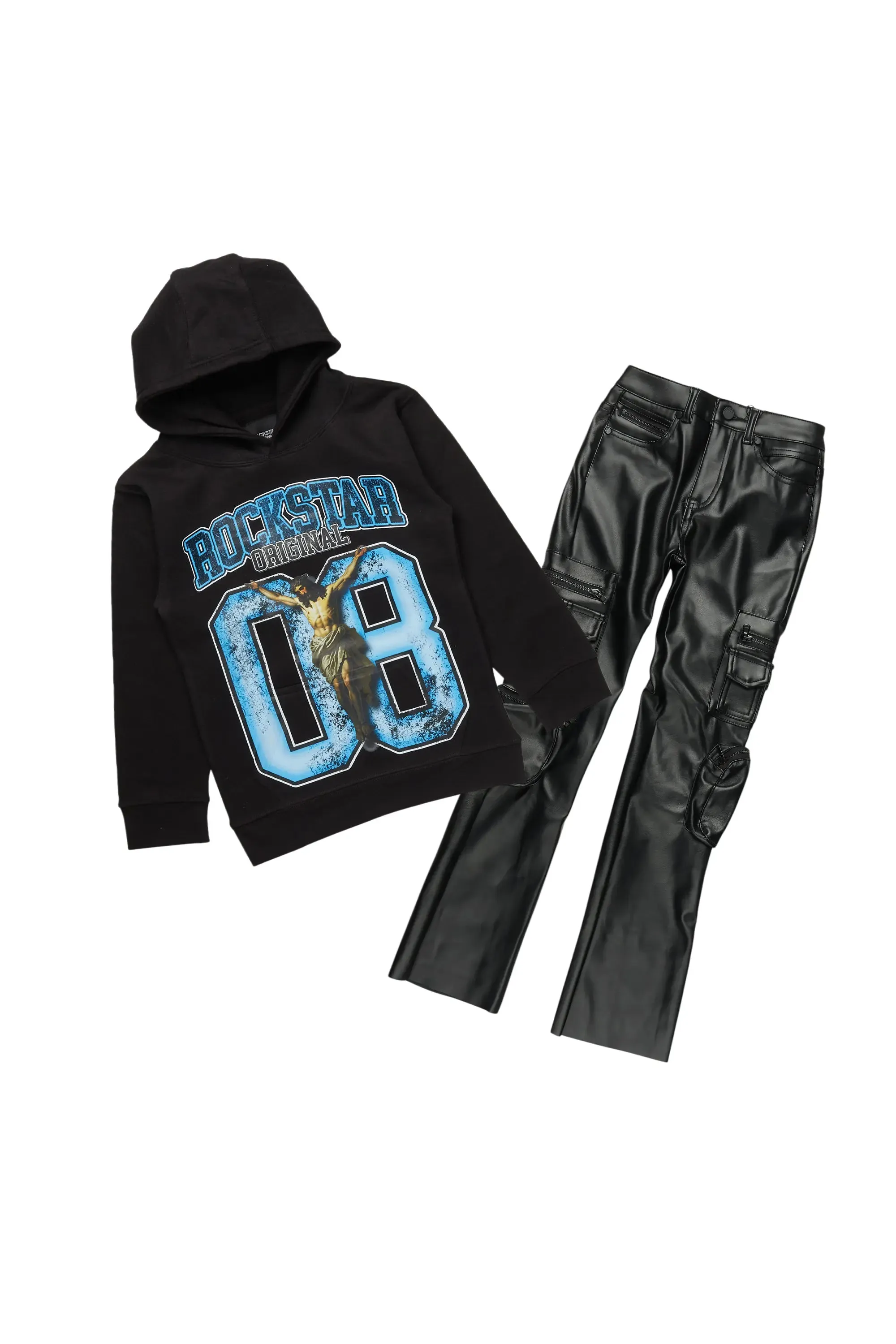 Boys Fields Black/Blue Hoodie/Stacked Flare PU Jean Set sold by Rockstar Original
