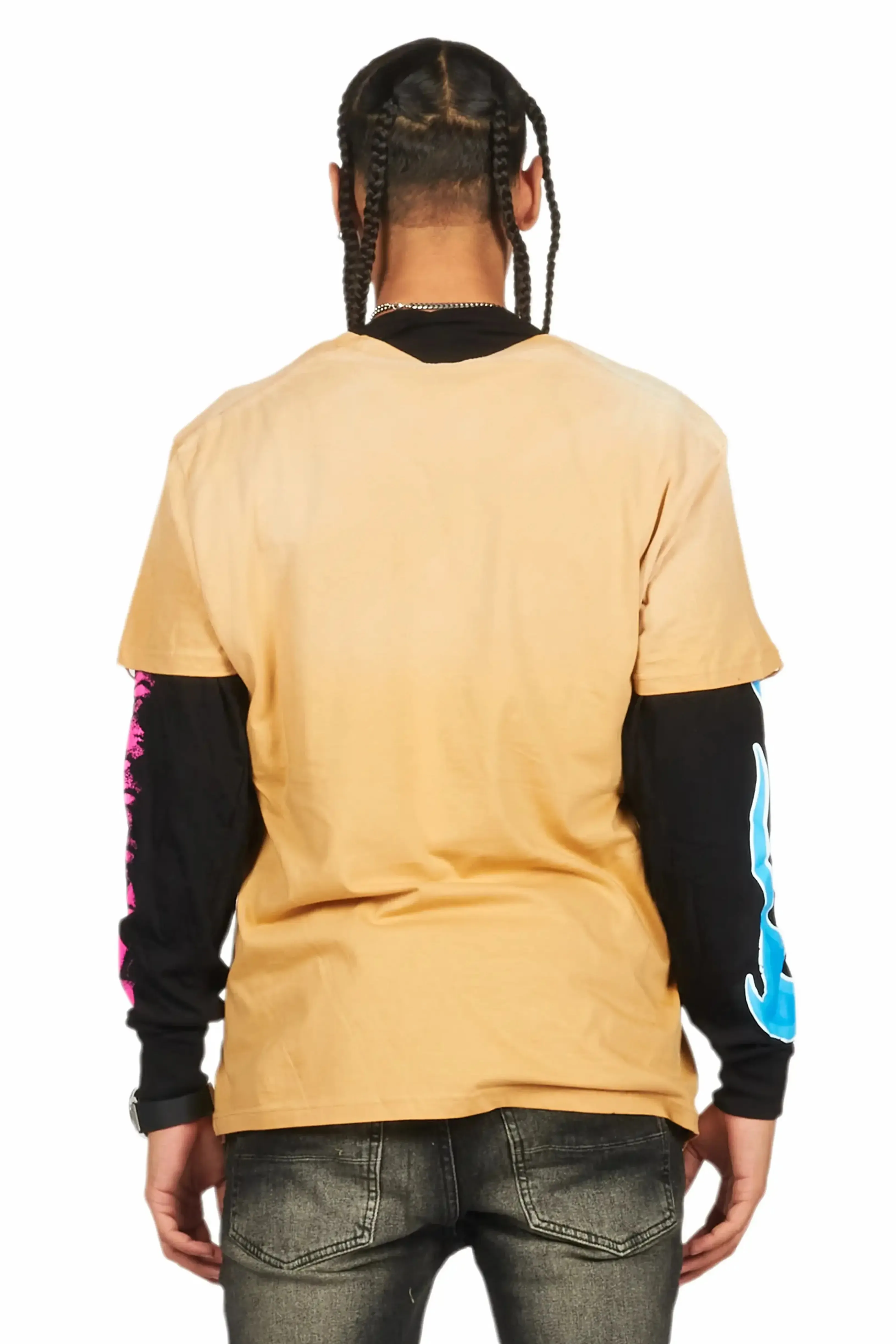 Beno Beige/Black Double Layer Long Sleeve Graphic T-Shirt sold by Rockstar Original product image thumbnail 3