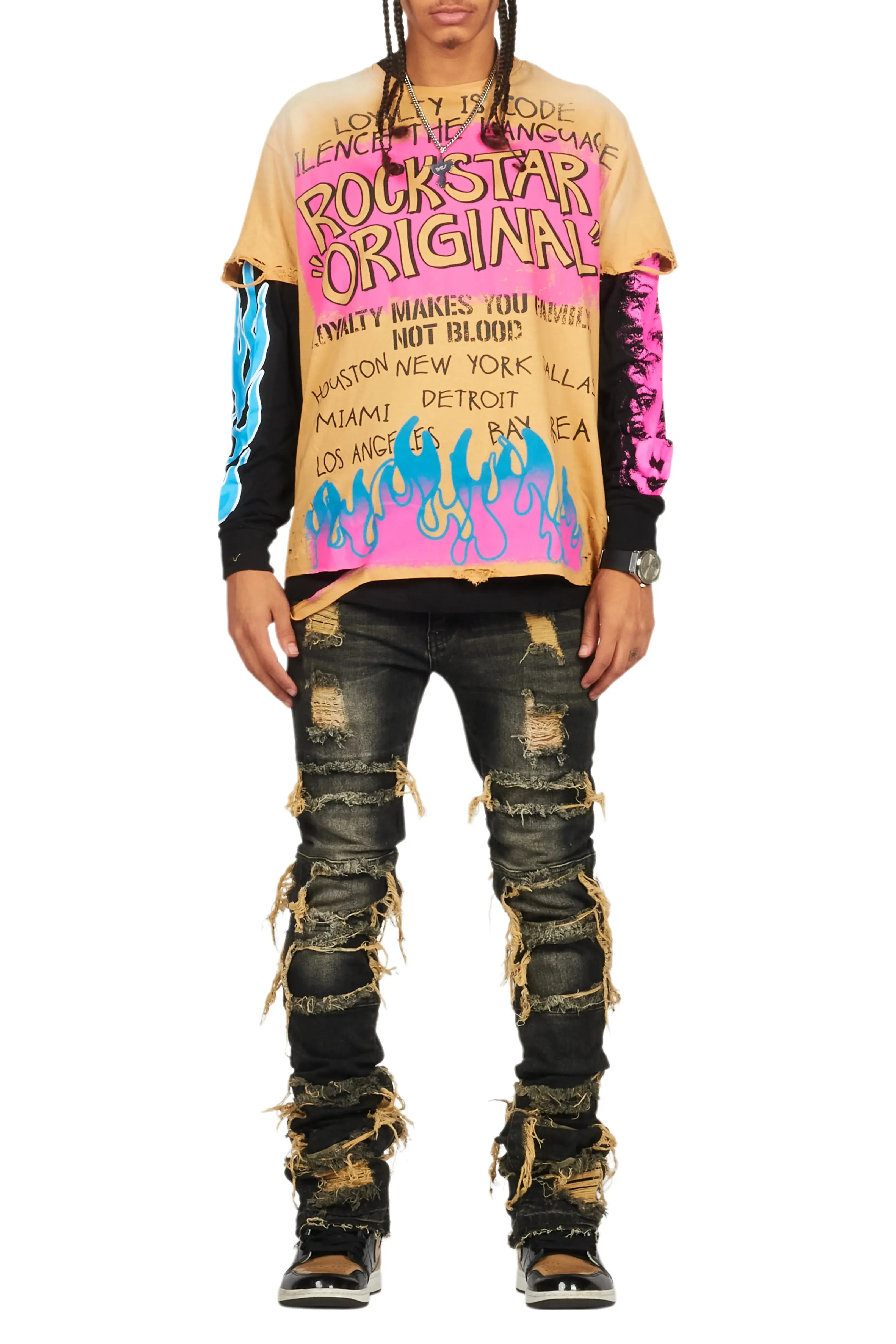 Beno Beige/Black Double Layer Long Sleeve Graphic T-Shirt sold by Rockstar Original product image thumbnail 5