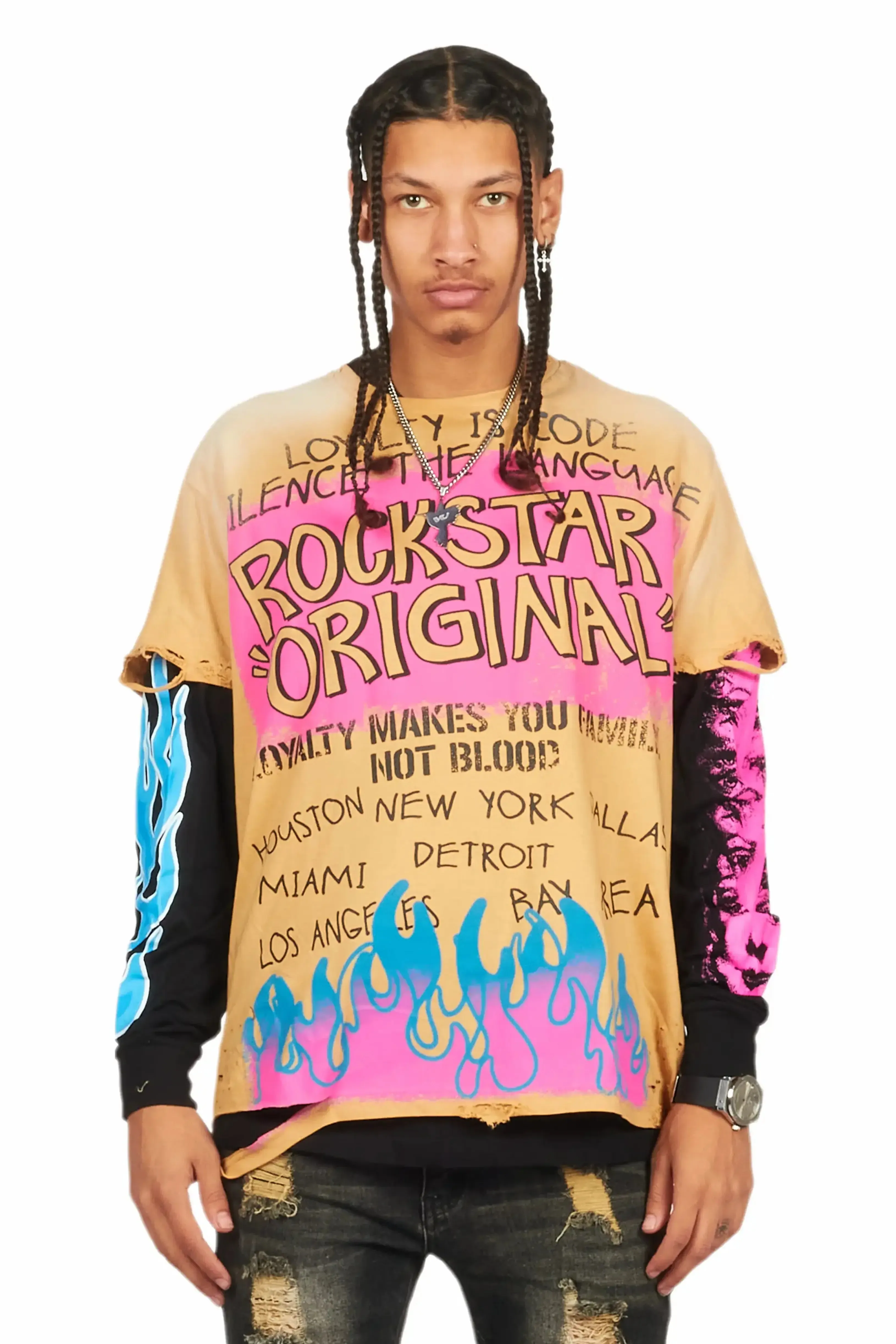 Beno Beige/Black Double Layer Long Sleeve Graphic T-Shirt sold by Rockstar Original