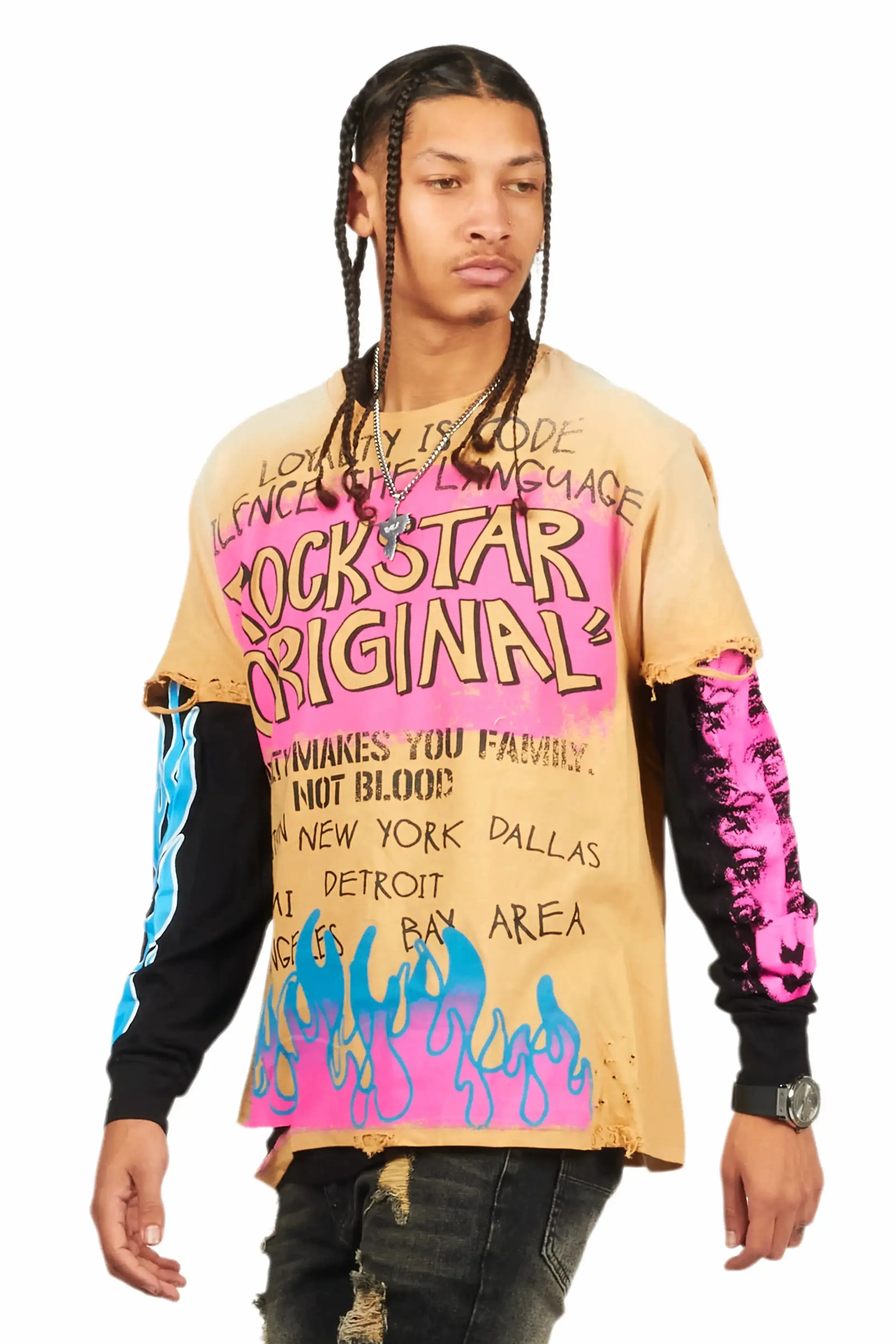 Beno Beige/Black Double Layer Long Sleeve Graphic T-Shirt sold by Rockstar Original product image thumbnail 4