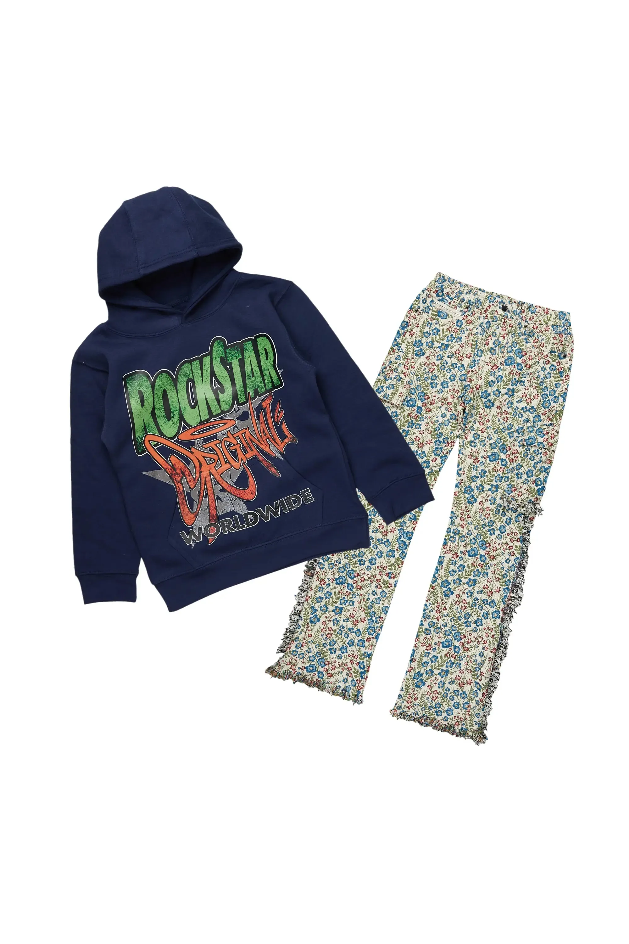 Boys Carlen Navy Hoodie/Stacked Flare Jean Set sold by Rockstar Original