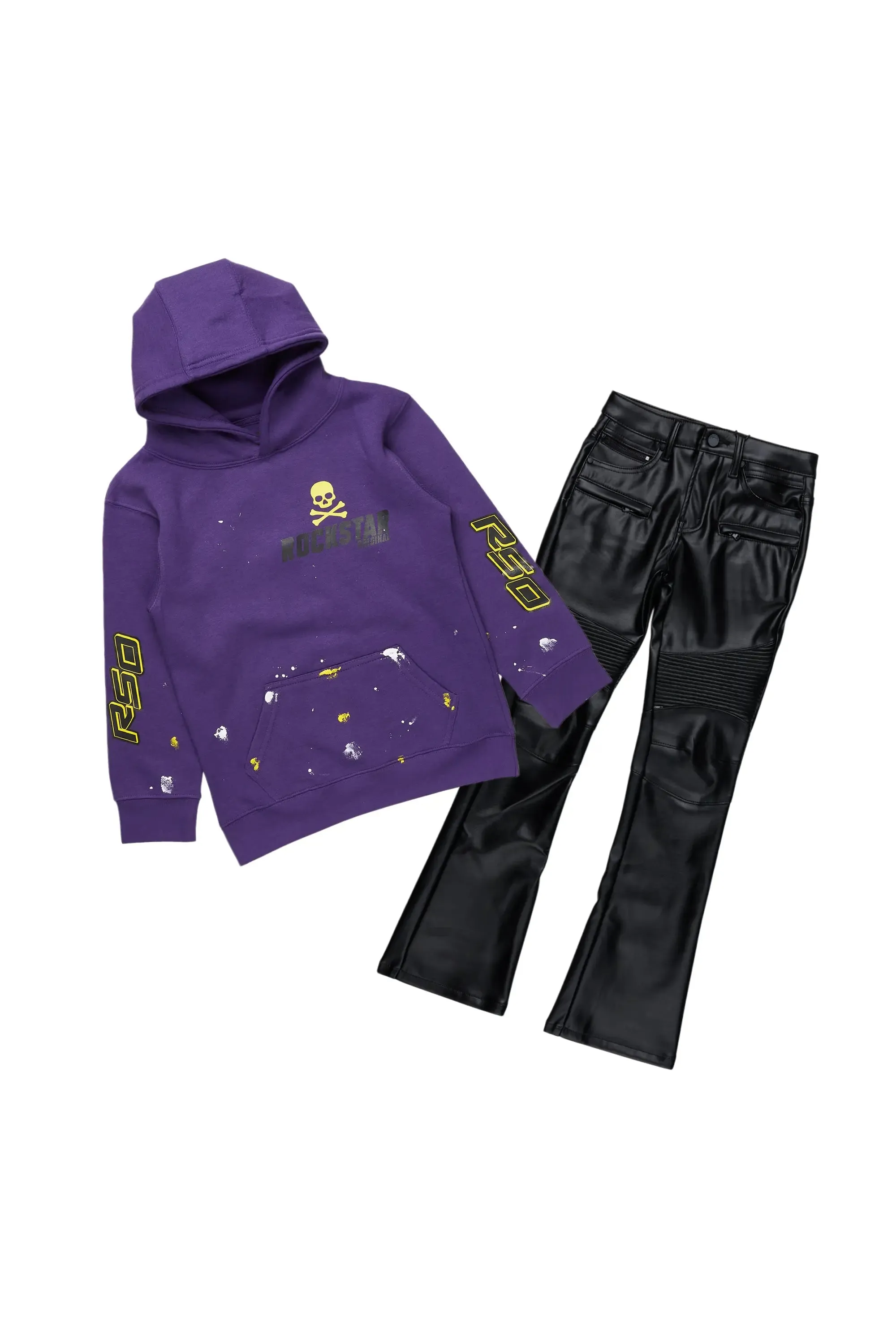 Boys Damek Purple Hoodie/Stacked Flare PU Jean Set sold by Rockstar Original