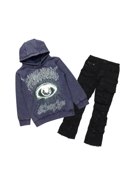 Boys All Eyes Vintage Navy/Black Hoodie/Stacked Flare Jean Set sold by Rockstar Original