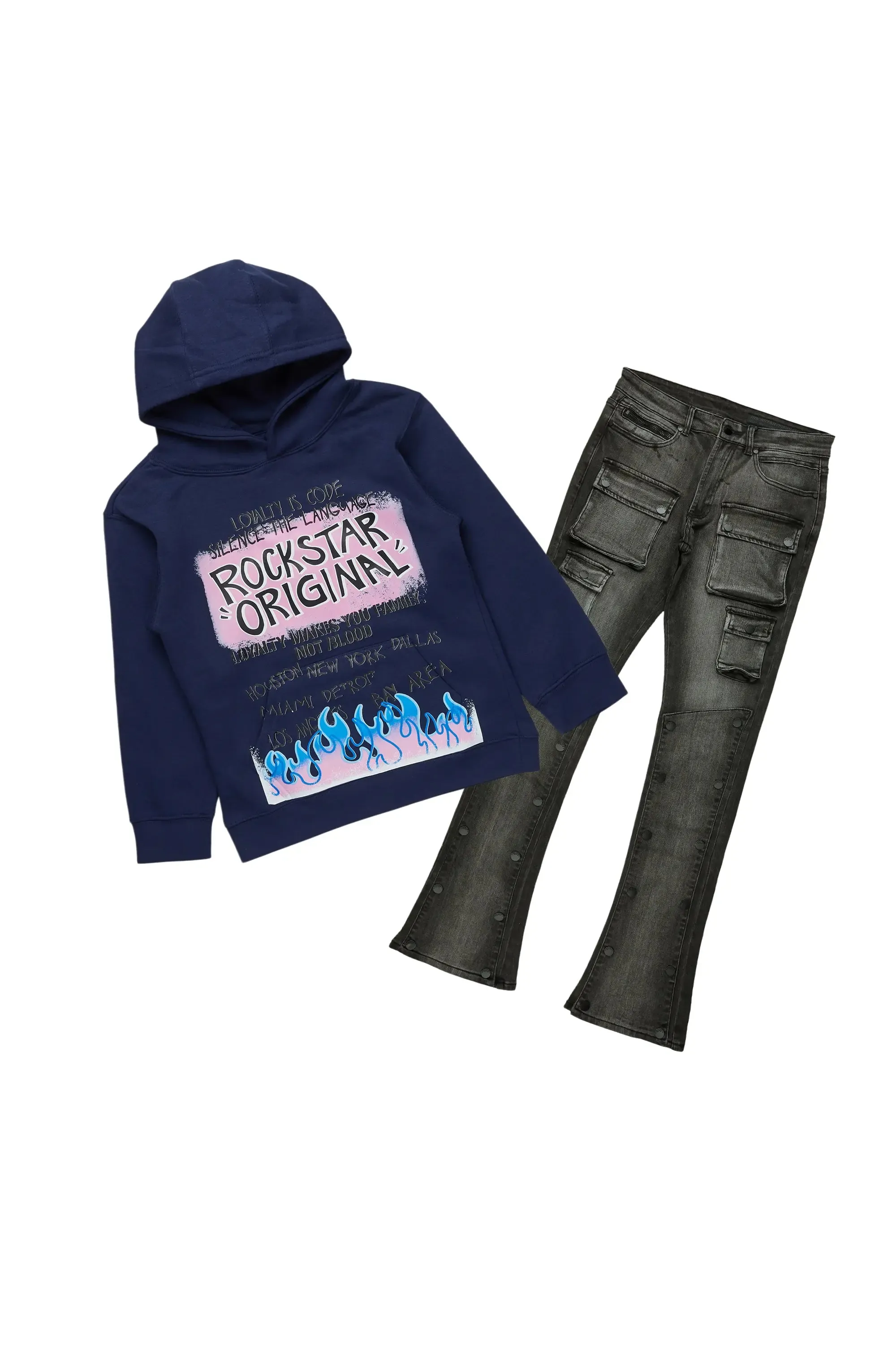Boys Beno Navy Hoodie/Stacked Flare Jean Set sold by Rockstar Original