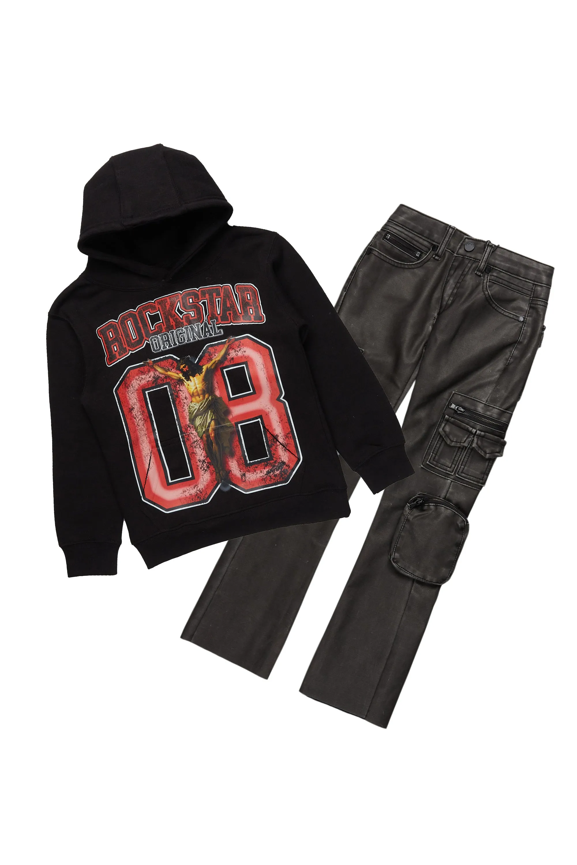 Boys Fields Black Hoodie/Stacked Flare PU Jean Set sold by Rockstar Original