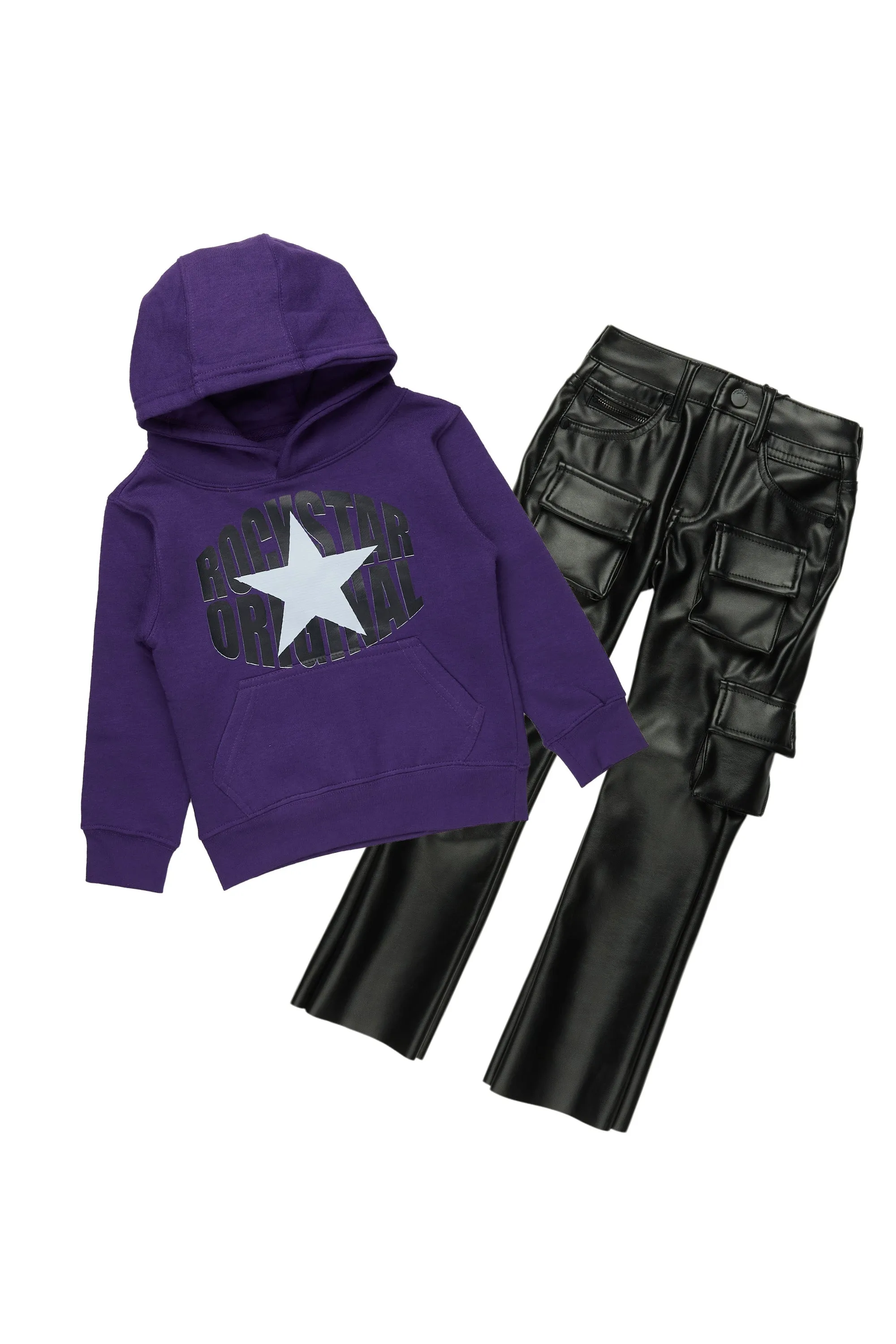 Boys Dagan Purple Hoodie/Stacked Flare PU Jean Set sold by Rockstar Original