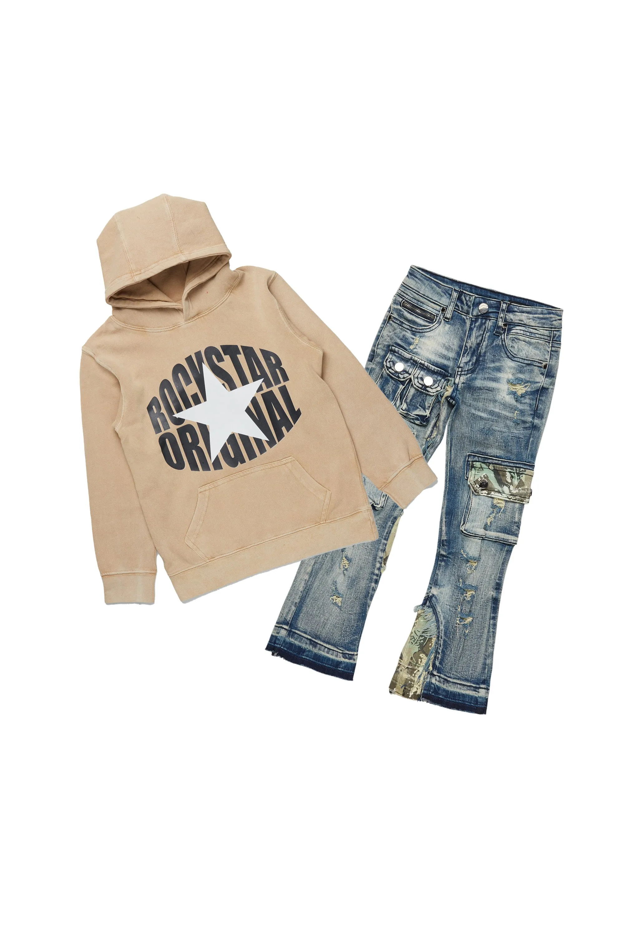 Boys Mabon Vintage Beige Hoodie/Stacked Flare Jean Set sold by Rockstar Original