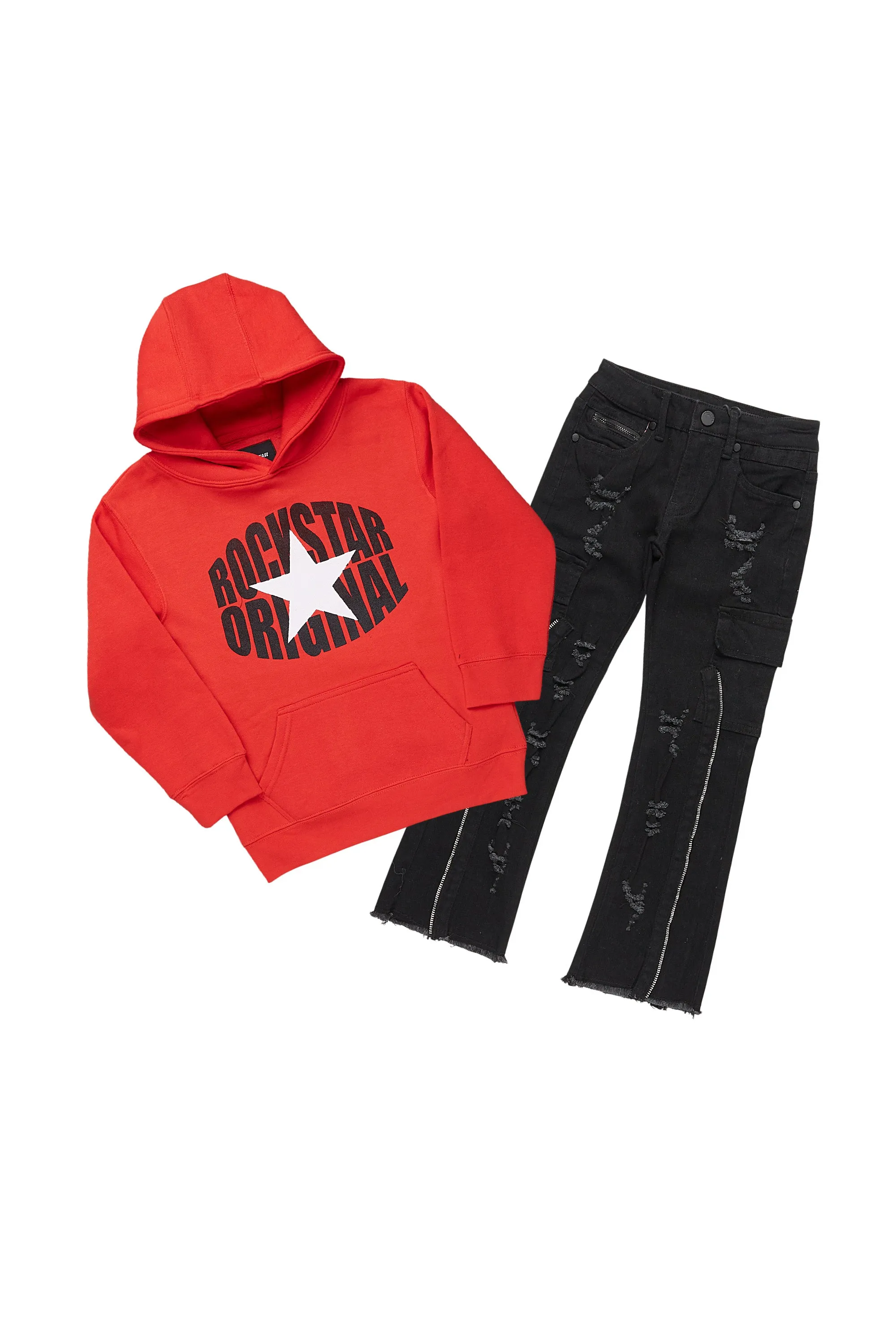 Boys Macall Red Hoodie/Stacked Flare Jean Set sold by Rockstar Original