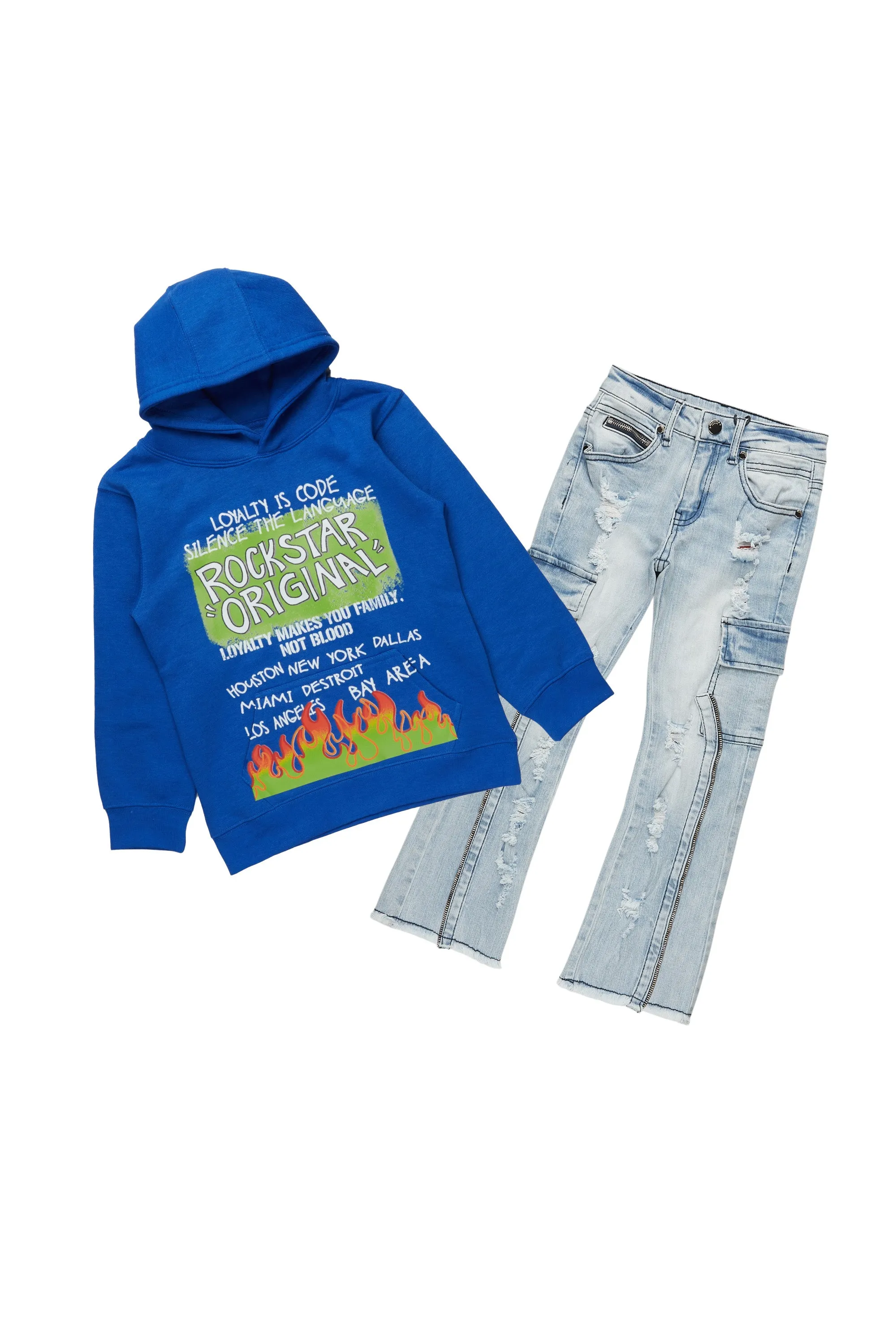 Boys Beno Royal Blue Hoodie/Stacked Flare Jean Set sold by Rockstar Original