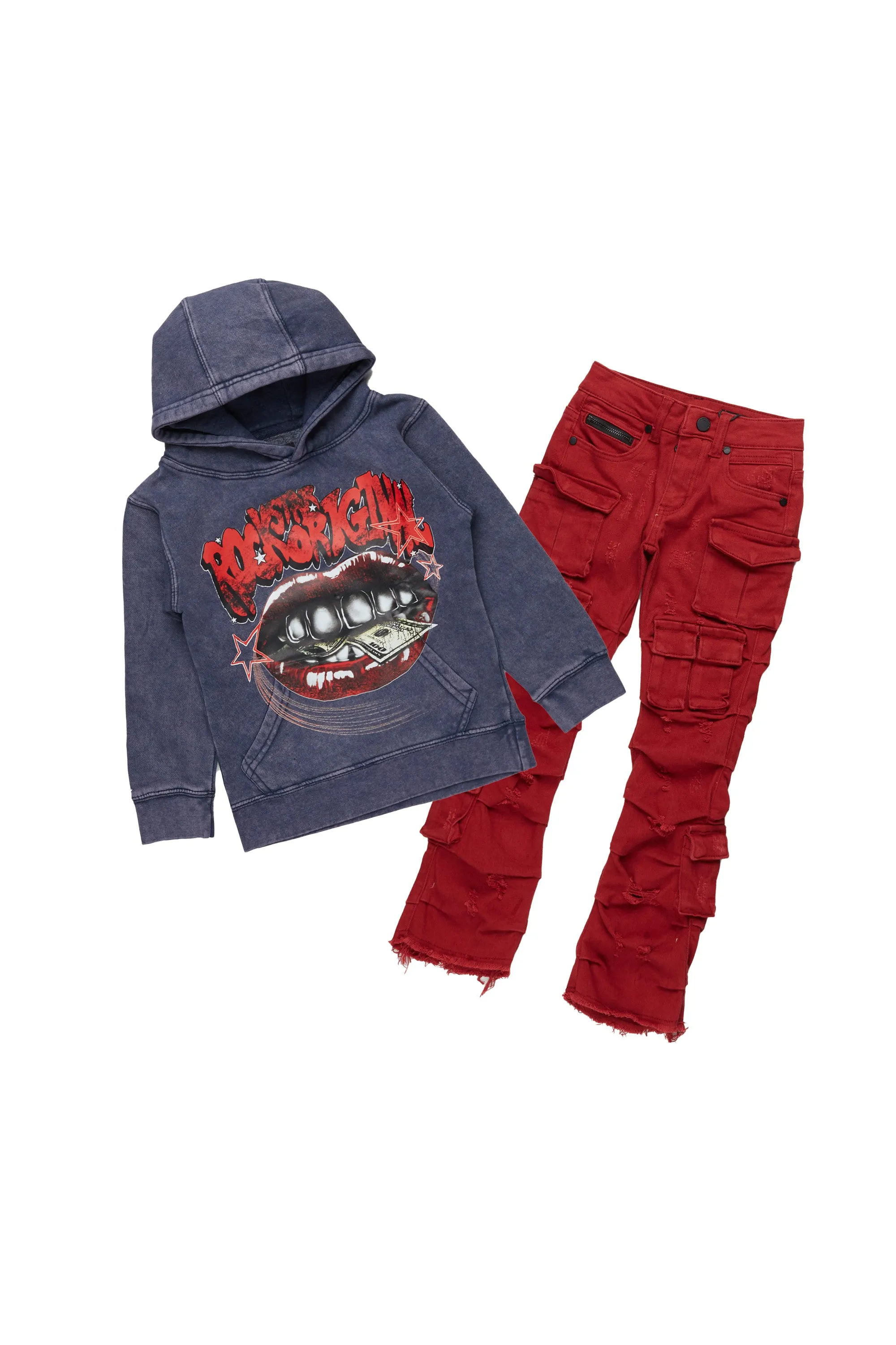 Boys Bloke Vintage Navy Hoodie/Stacked Flare Jean Set sold by Rockstar Original