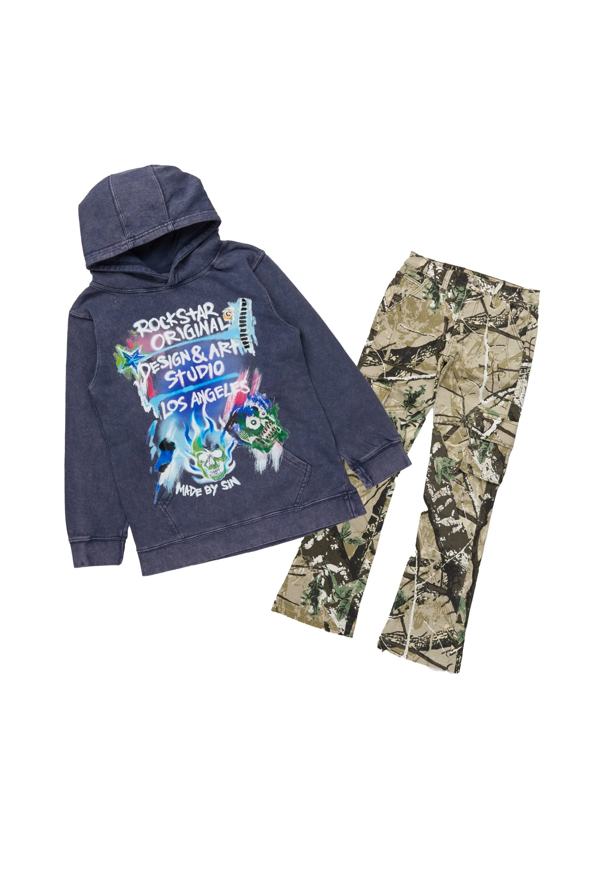 Boys Soweto Vintage Navy Hoodie/Stacked Flare Jean Set sold by Rockstar Original