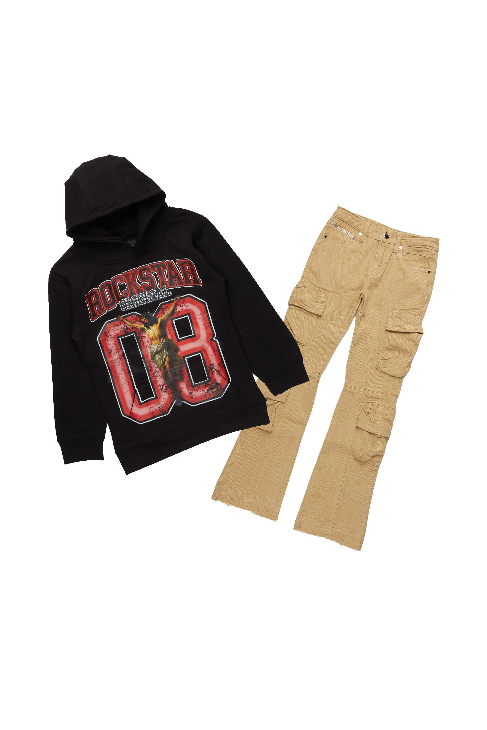 Boys Fields Black/Beige Hoodie/Stacked Flare Jean Set sold by Rockstar Original