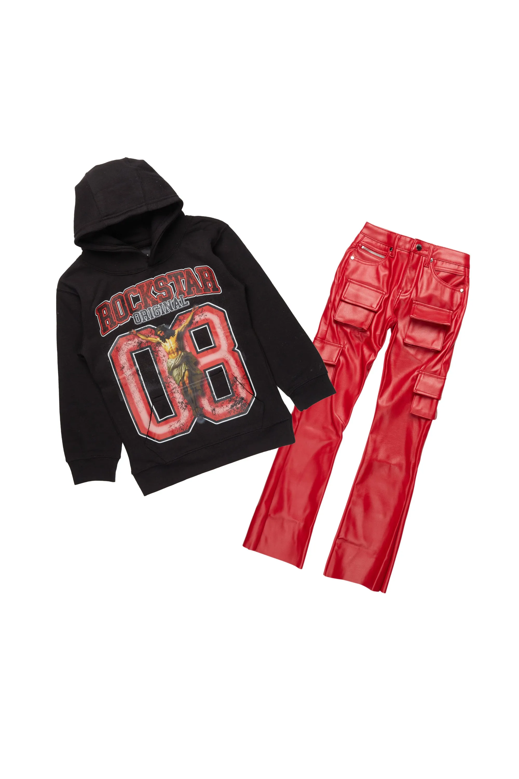 Boys Fields Black/Red Hoodie/Stacked Flare PU Jean Set sold by Rockstar Original