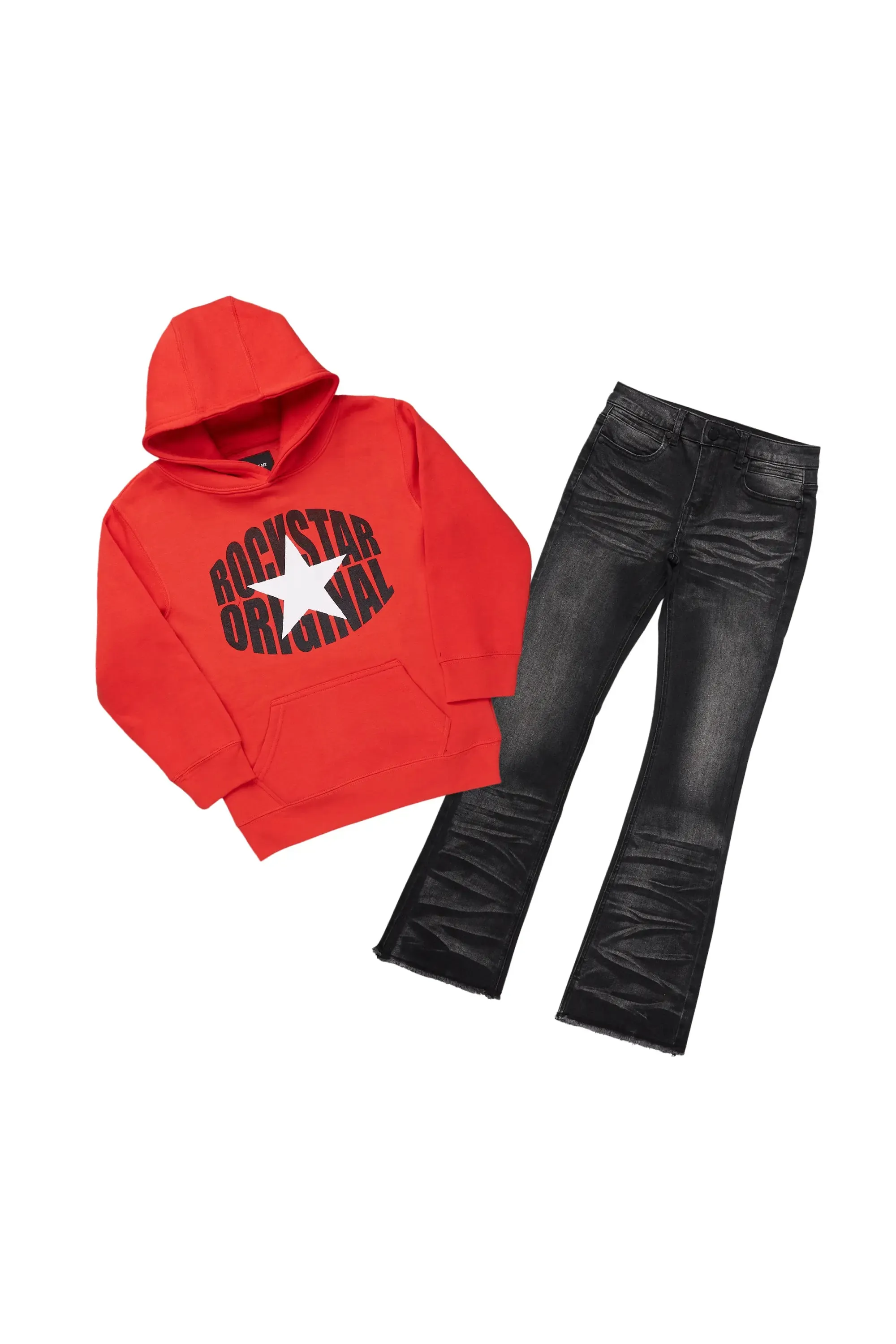 Boys Damber Red Hoodie/Stacked Flare Jean Set sold by Rockstar Original
