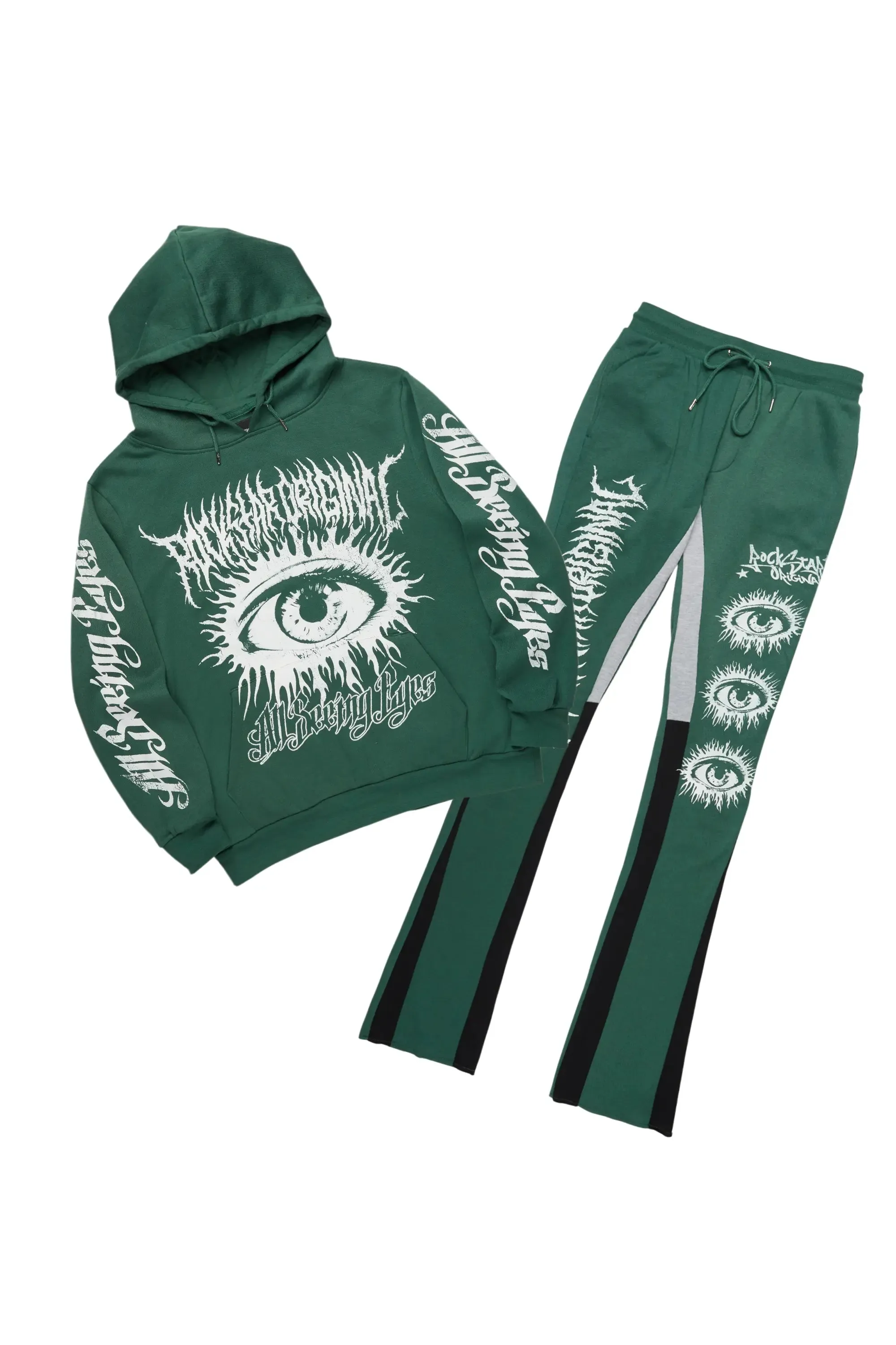 All Seeing Eyes Dark Green Stacked Flare Track Pant Set sold by Rockstar Original