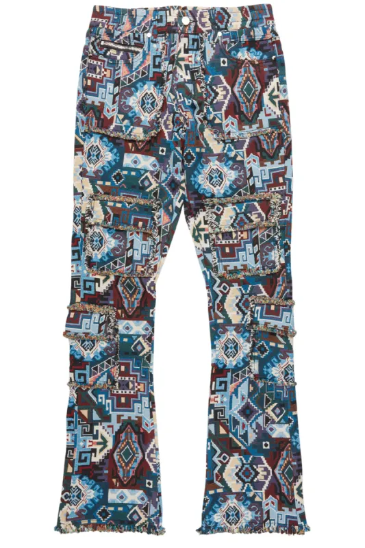 Tayami Tapestry Blue Cargo Stacked Flare Jean sold by Rockstar Original