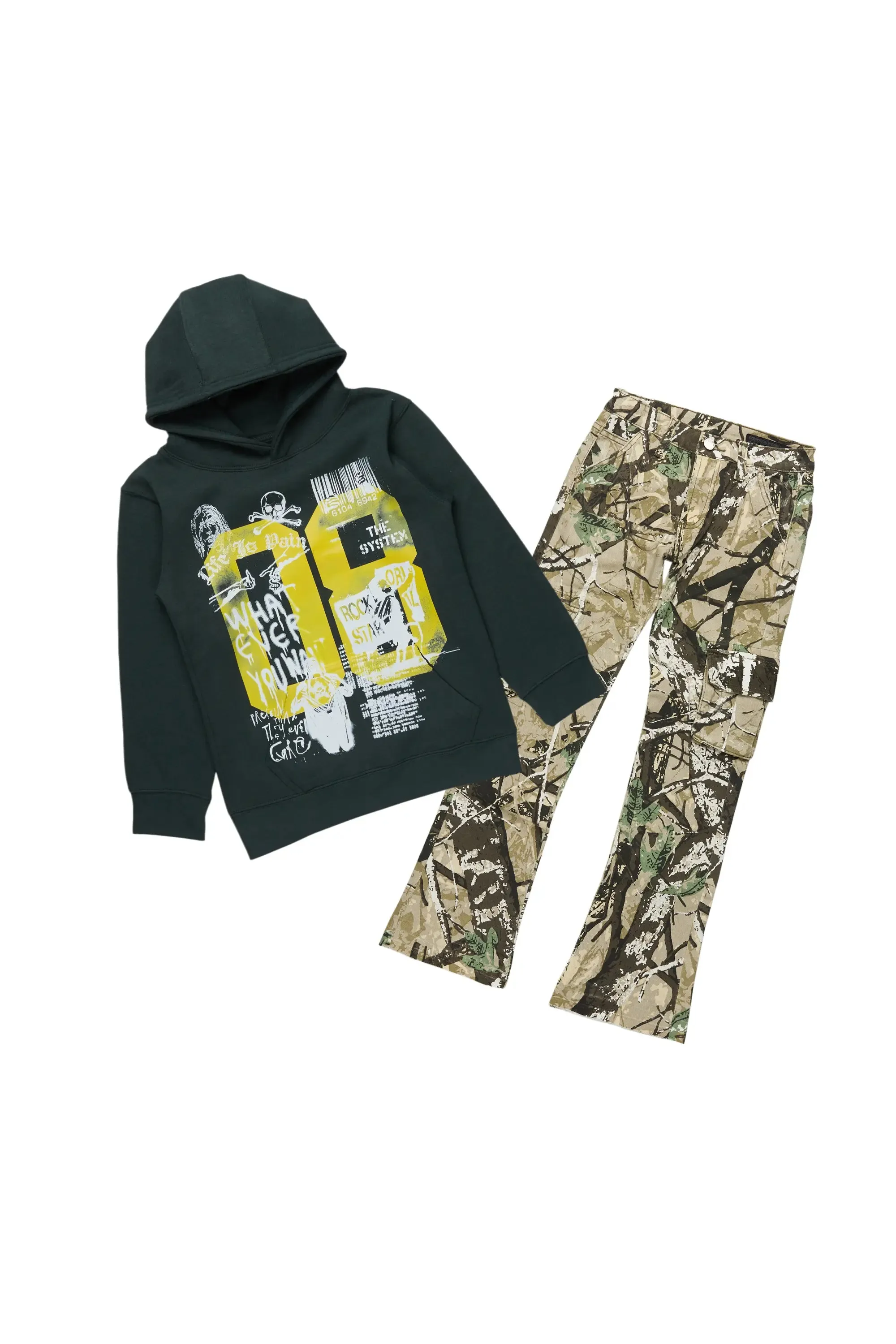Boys Beau Dark Green Hoodie/Stacked Flare Jean Set sold by Rockstar Original