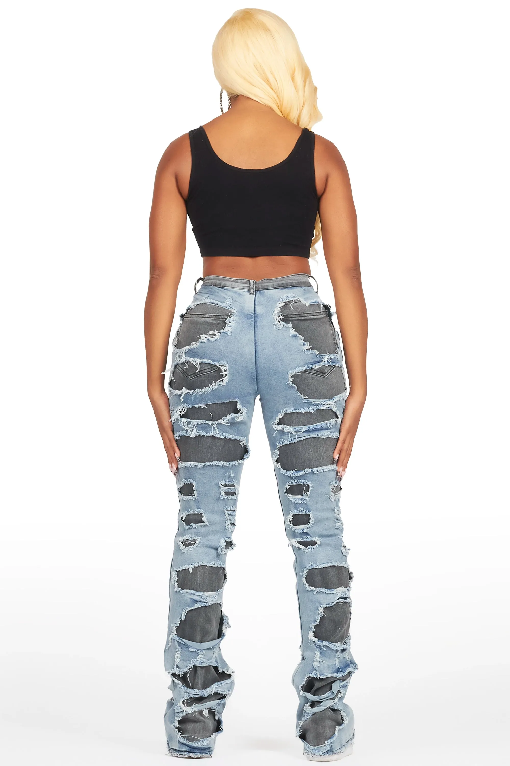 Jaidynn Blue/Black Distressed Stacked Flare Jean sold by Rockstar Original product image thumbnail 5
