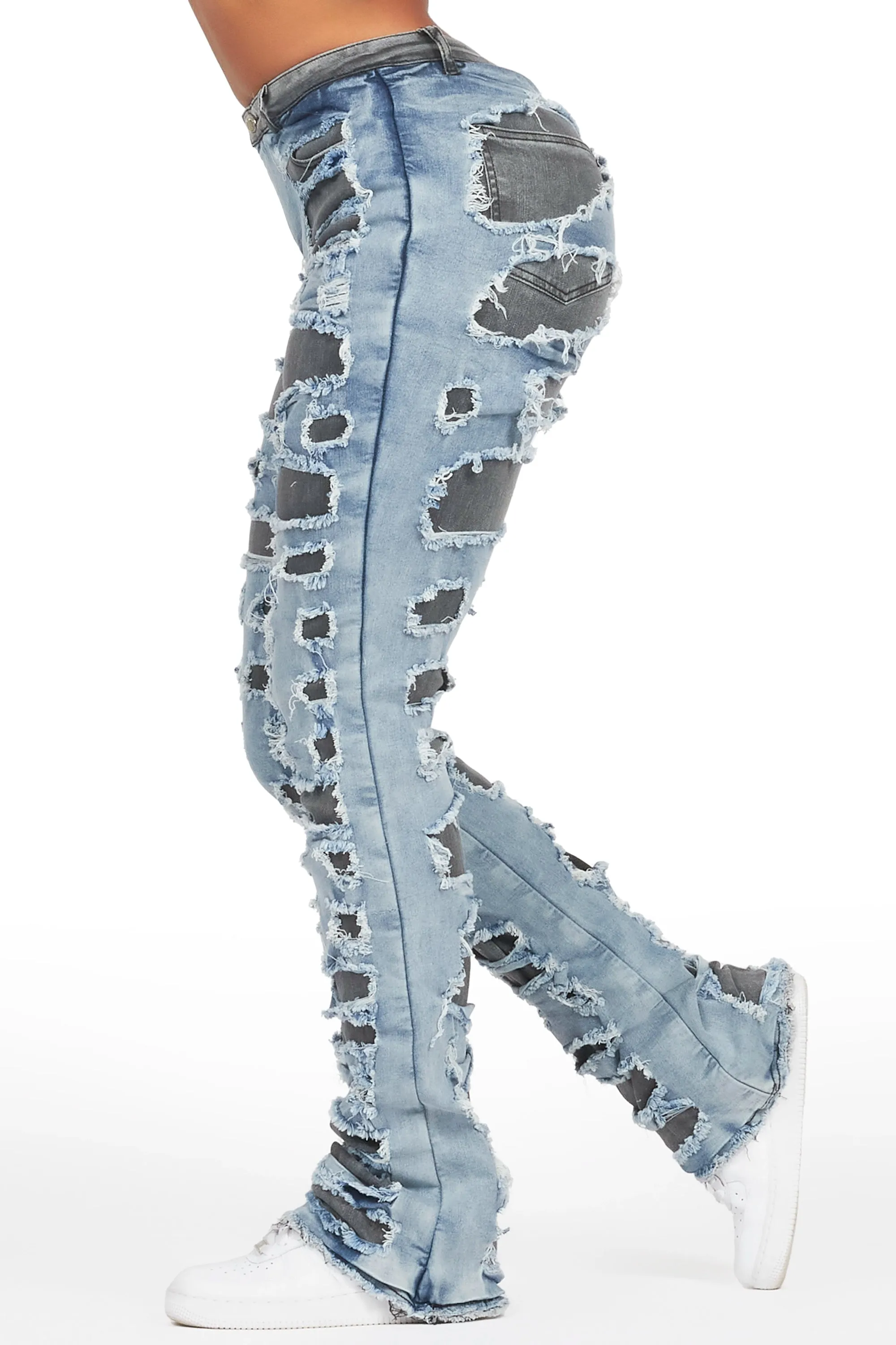 Jaidynn Blue/Black Distressed Stacked Flare Jean sold by Rockstar Original product image thumbnail 3