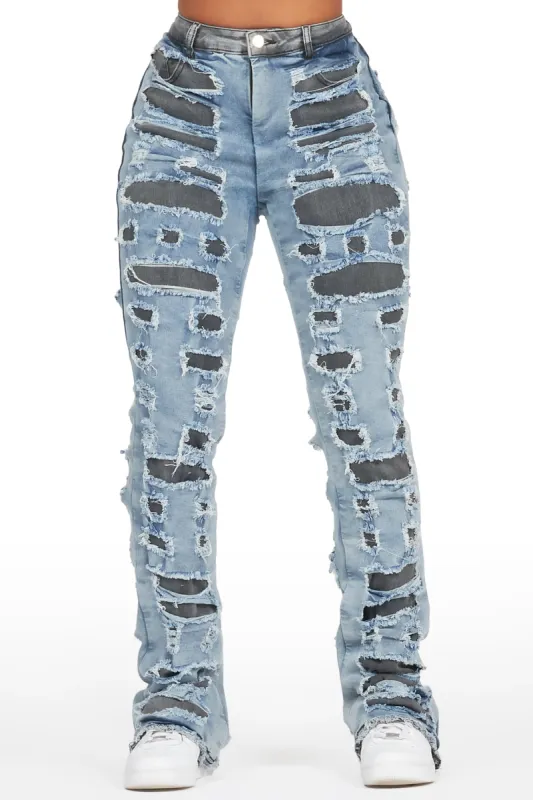 Jaidynn Blue/Black Distressed Stacked Flare Jean sold by Rockstar Original