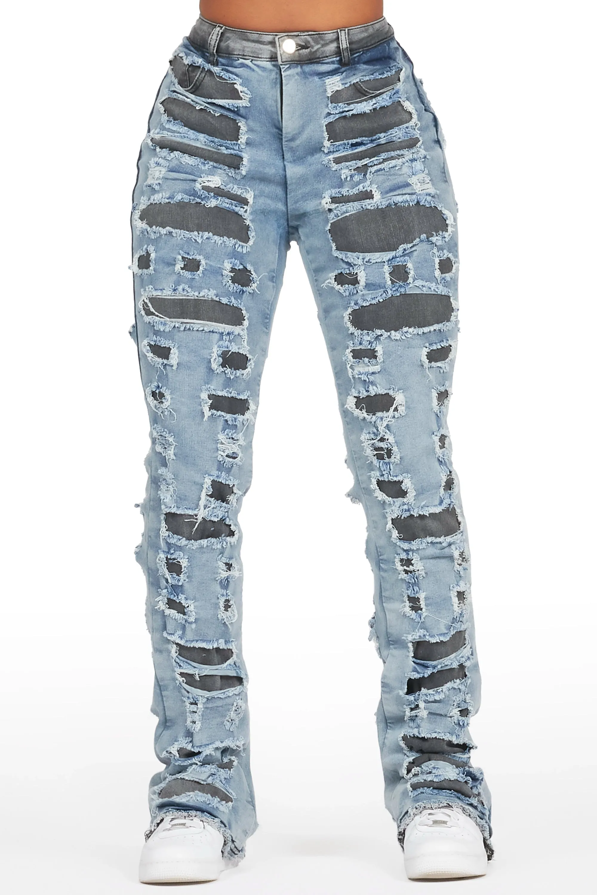 Jaidynn Blue/Black Distressed Stacked Flare Jean sold by Rockstar Original