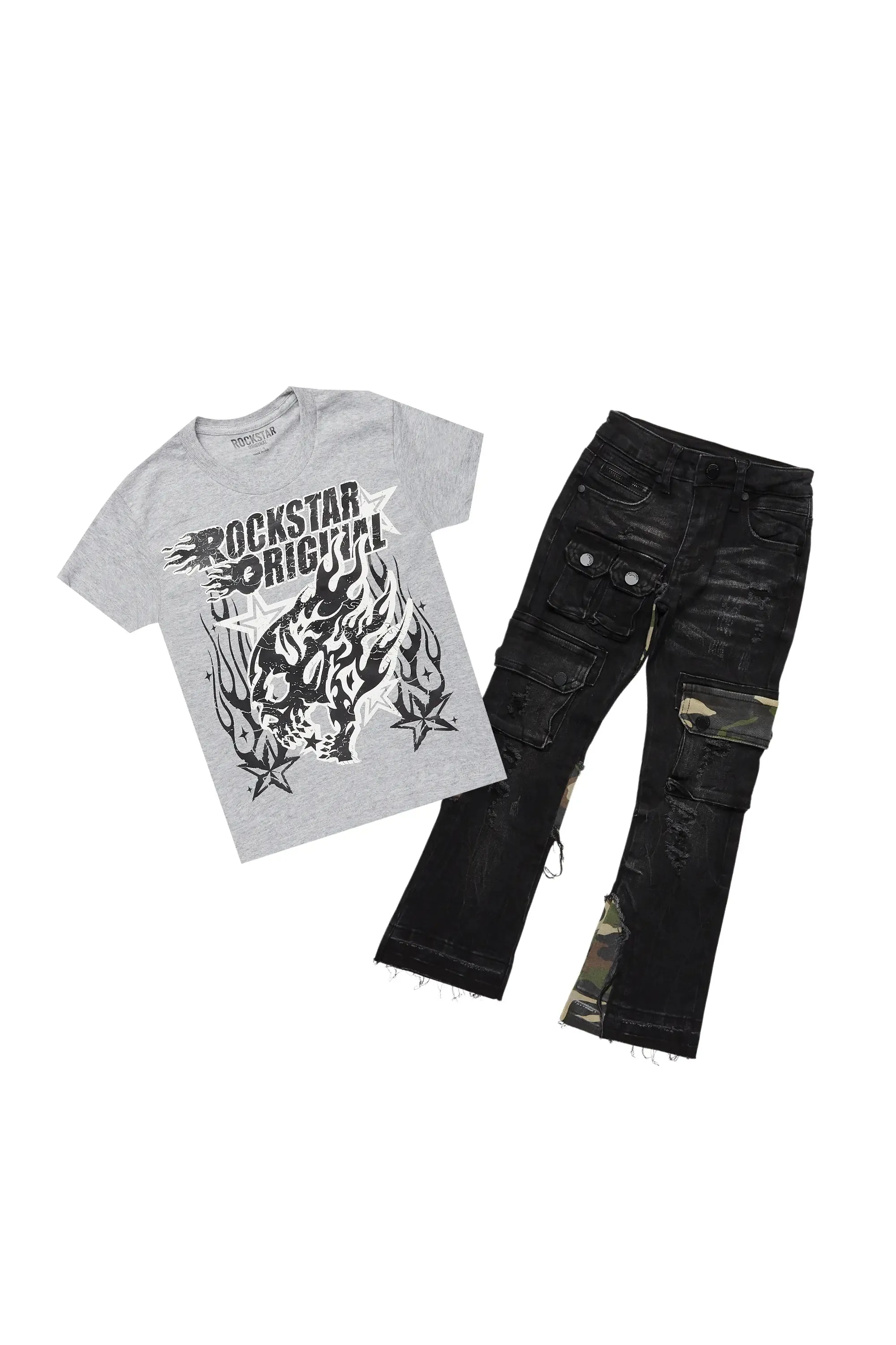 Boys Smitty Heather Grey T-Shirt/Stacked Flare Jean Set sold by Rockstar Original