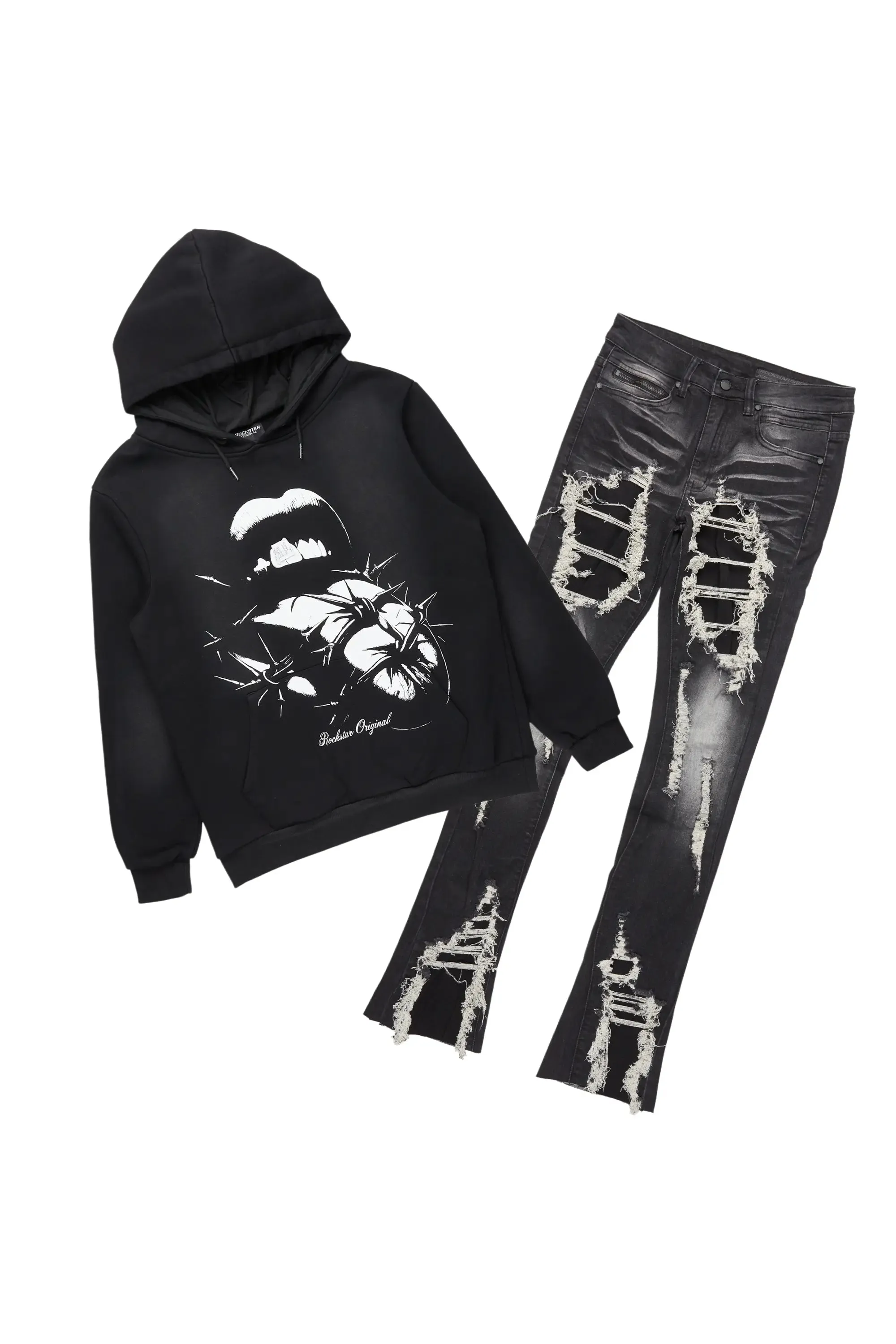 Schmear Black Hoodie & Fateh Stacked Jean Bundle sold by Rockstar Original