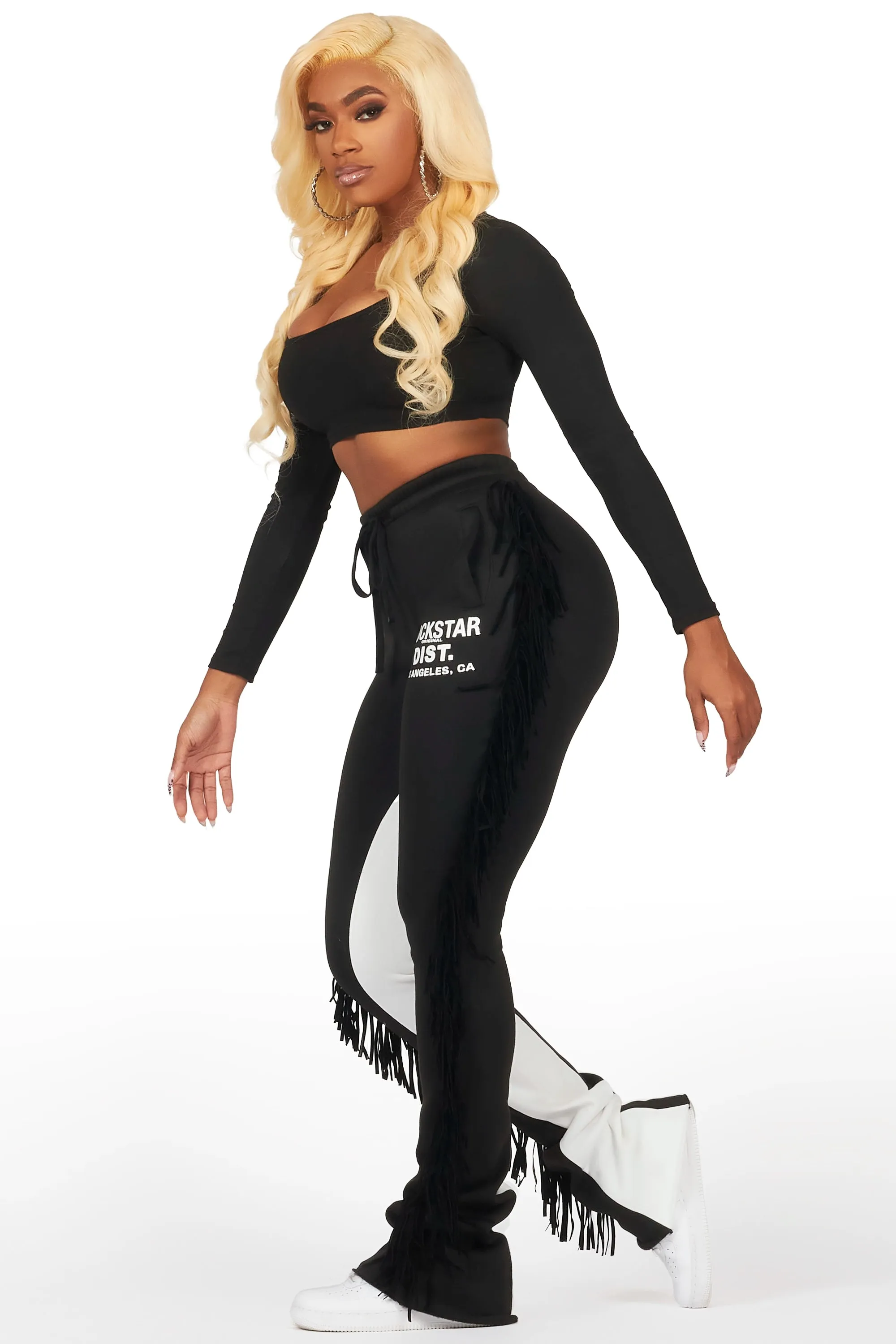 Kendra Black Fringe Stacked Flare Track Pant sold by Rockstar Original product image thumbnail 4