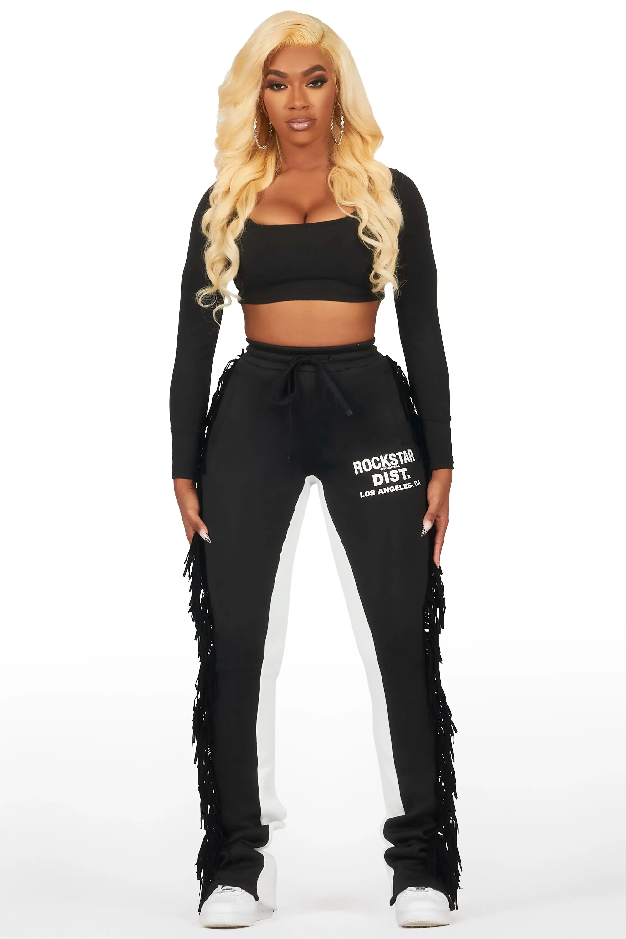 Kendra Black Fringe Stacked Flare Track Pant sold by Rockstar Original product image thumbnail 2