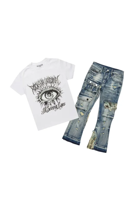 Boys All Seeing Eyes White T-Shirt/Stacked Flare Jean Set sold by Rockstar Original