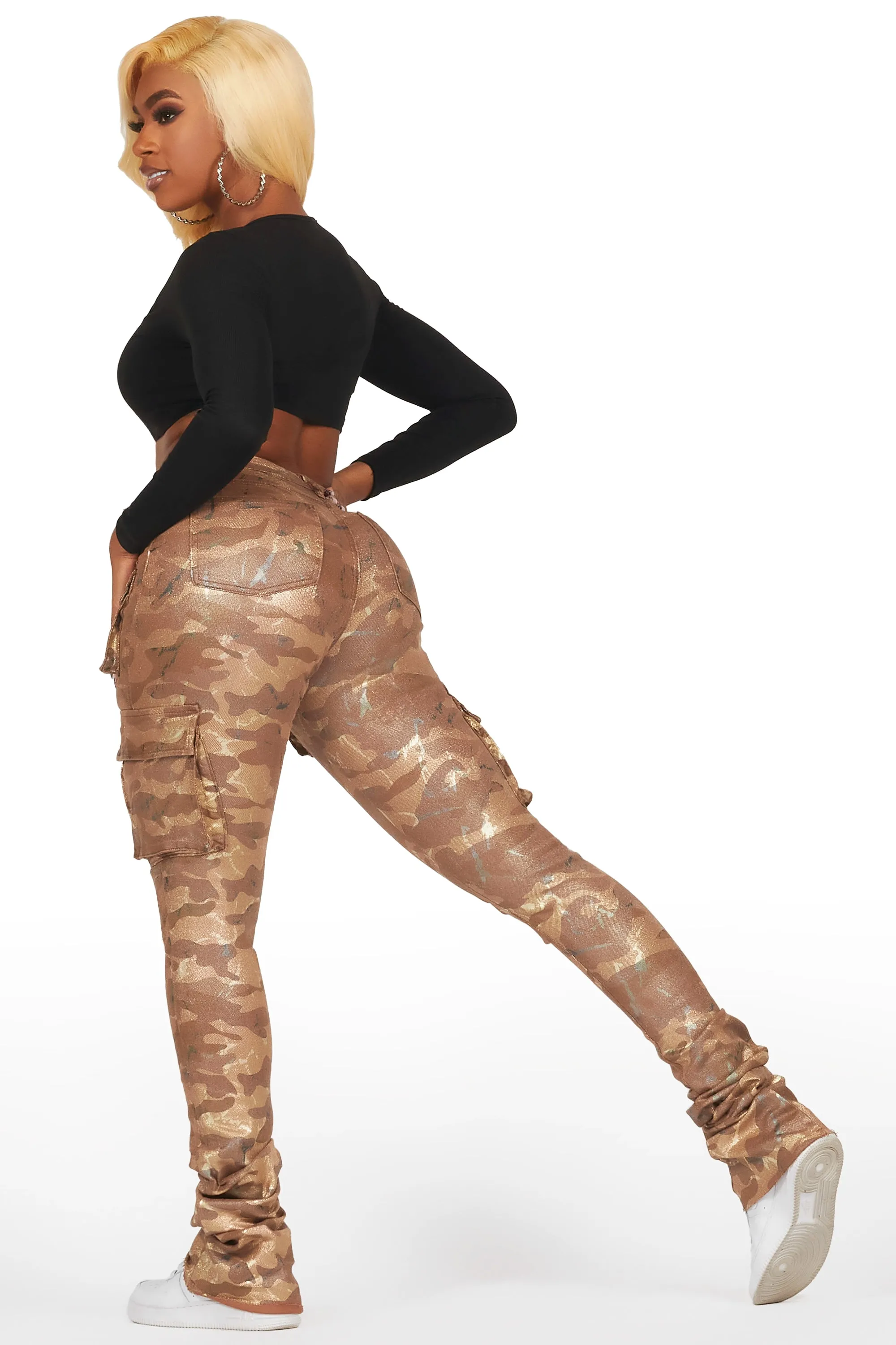 Miyah Brown Camo Cargo Super Stacked PU Pant sold by Rockstar Original product image thumbnail 5