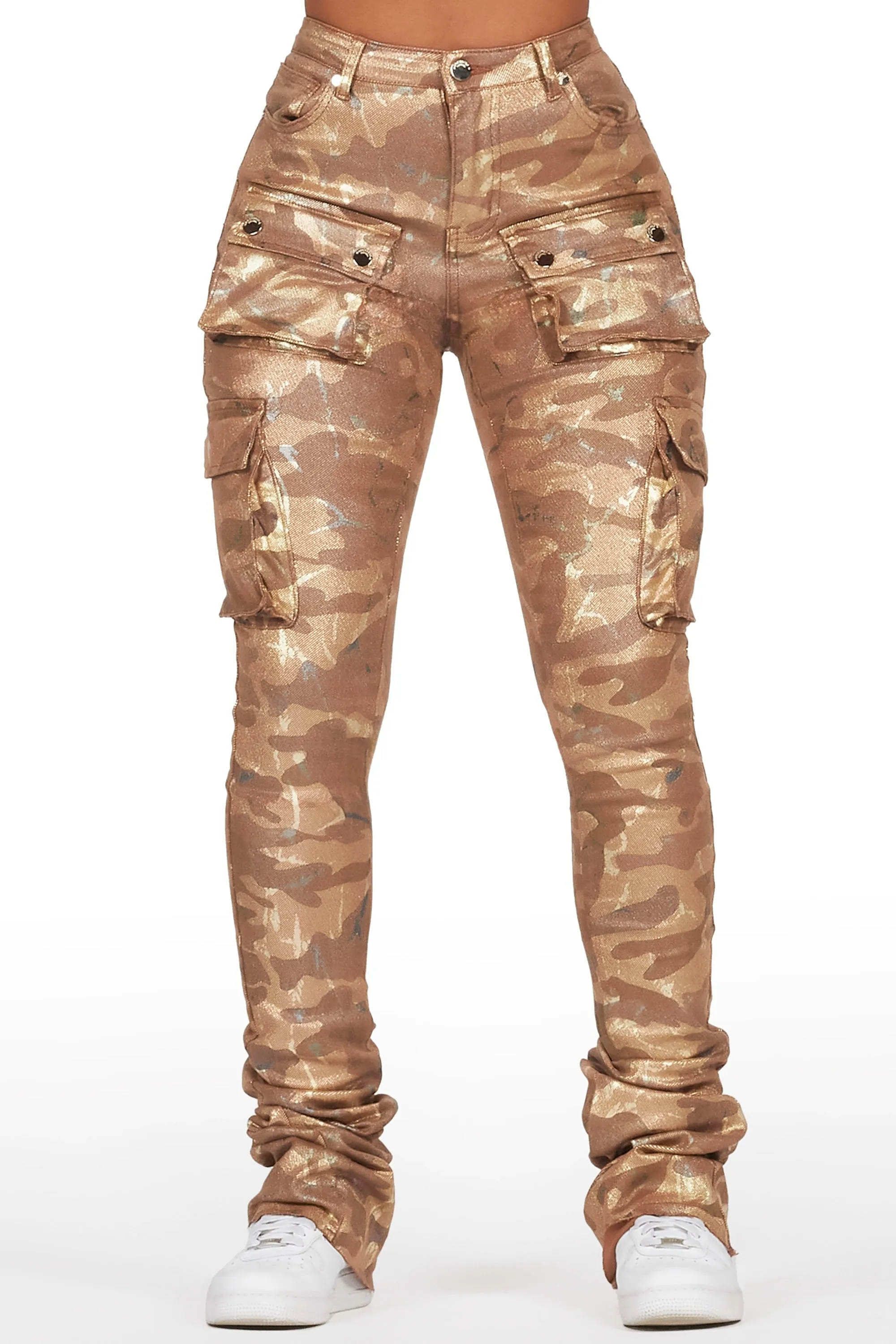 Miyah Brown Camo Cargo Super Stacked PU Pant sold by Rockstar Original